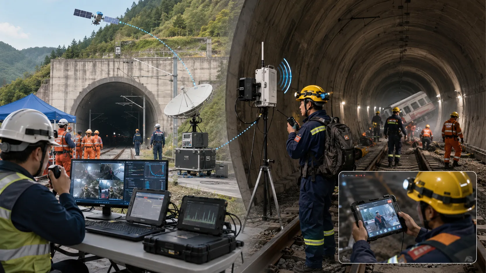 Resgate ferroviário em túnel com repetidor sem fio enviando sinais de voz e vídeo de 3.5 a 10 quilômetros no túnel por backhaul via satélite