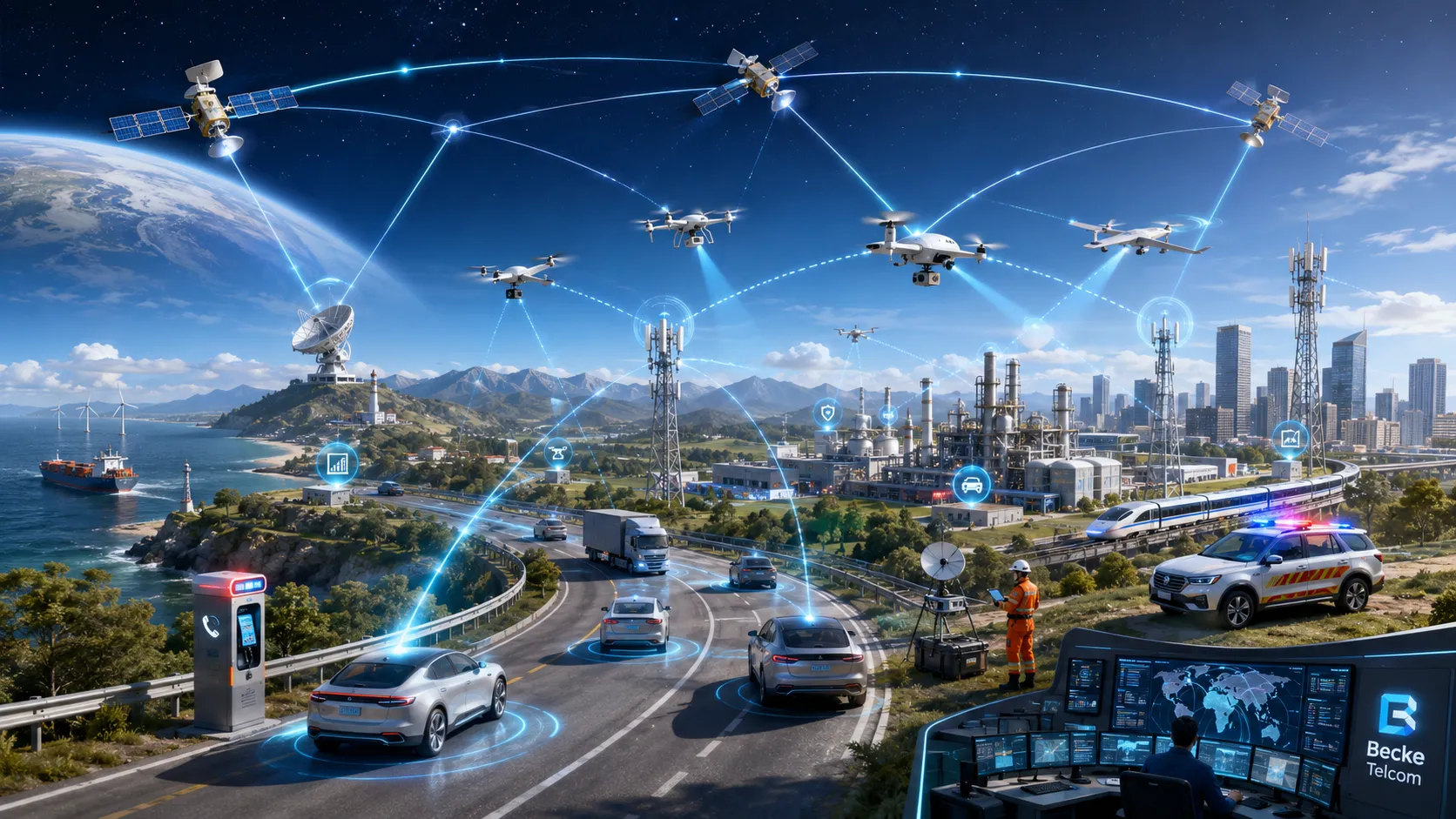 Rede integrada espaço-ar-terra 6G conectando satélites, UAVs, estações base, veículos inteligentes, locais industriais e sistemas de comunicação de emergência