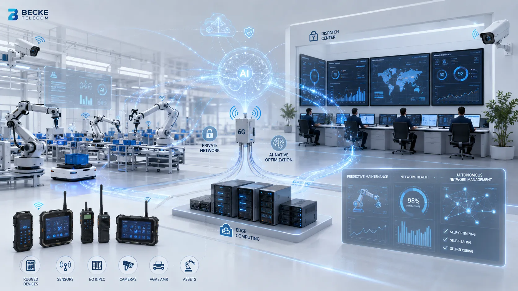 Solução de comunicação industrial 6G nativa de IA com computação de borda, rede privada, fábrica inteligente, centro de despacho e dispositivos conectados
