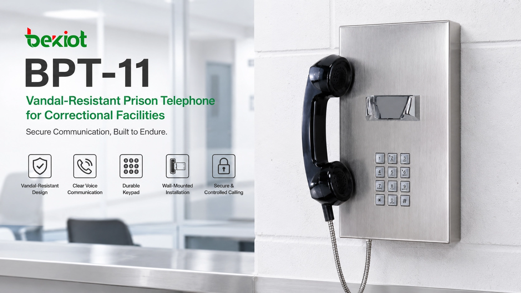 Telefone prisional BPT-11 resistente a vandalismo instalado em uma área de chamadas de uma instalação correcional