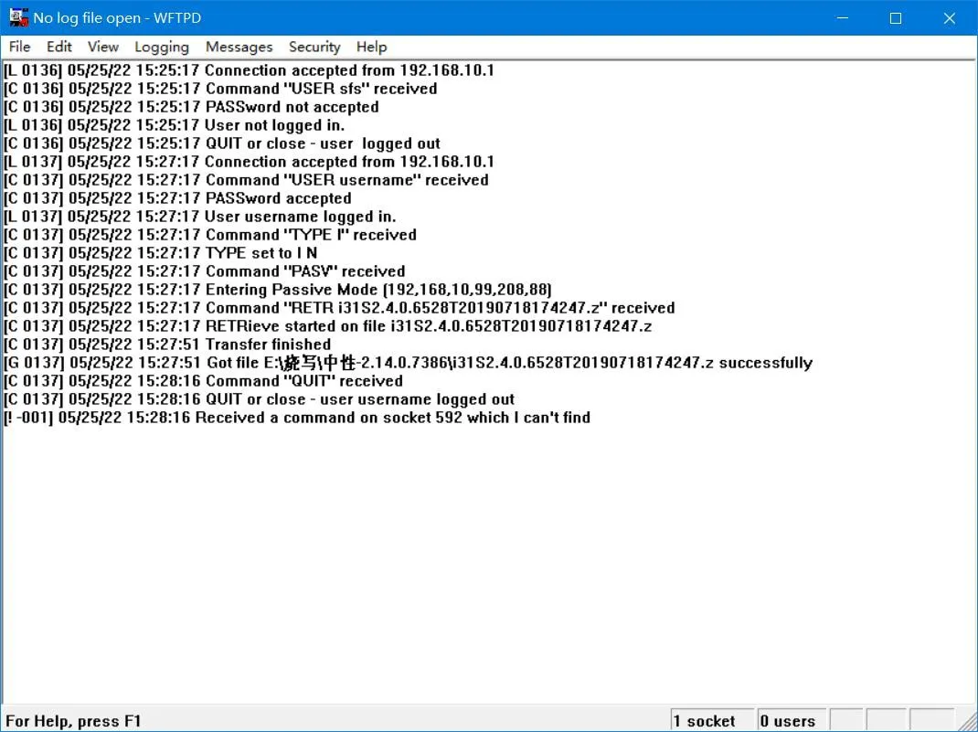 A janela do servidor FTP exibe informações de download relacionadas