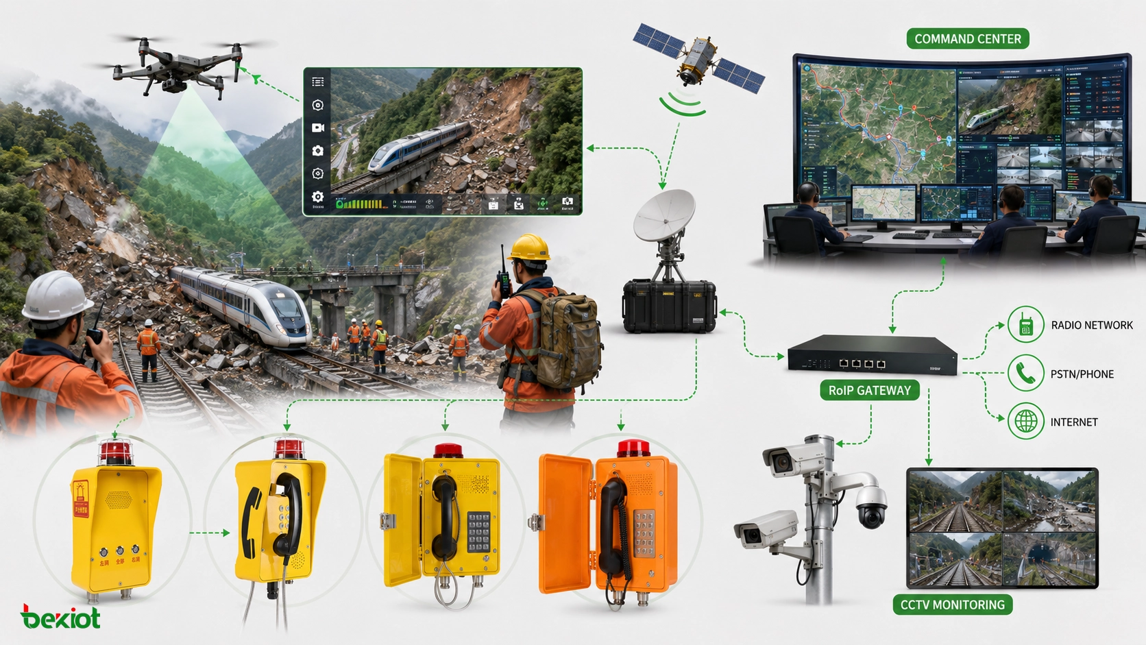 Sistema de despacho ferroviário de emergência em deslizamento usando vídeo de drone comunicação via satélite despacho de rádio RoIP mapa GIS CCTV e centro de comando