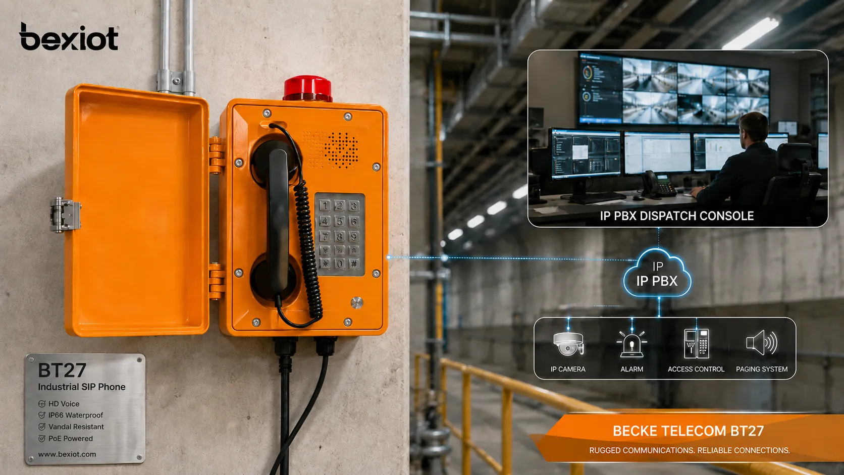 Telefone SIP industrial Becke Telcom BT27 instalado como intercomunicador robusto de parede conectado a IP PBX, console de despacho e sala de controle
