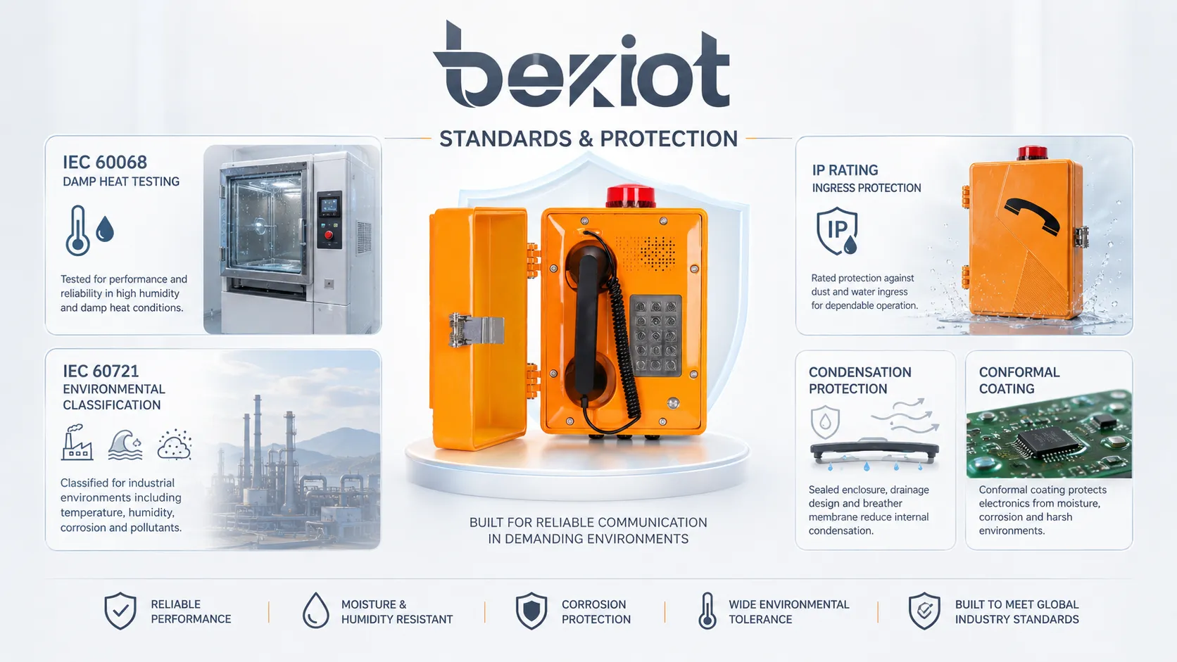 Normas de humedad operativa e índices de protección mostrando ensayos de calor húmedo IEC 60068, clasificación ambiental IEC 60721, índice IP, protección contra condensación y revestimiento conformado