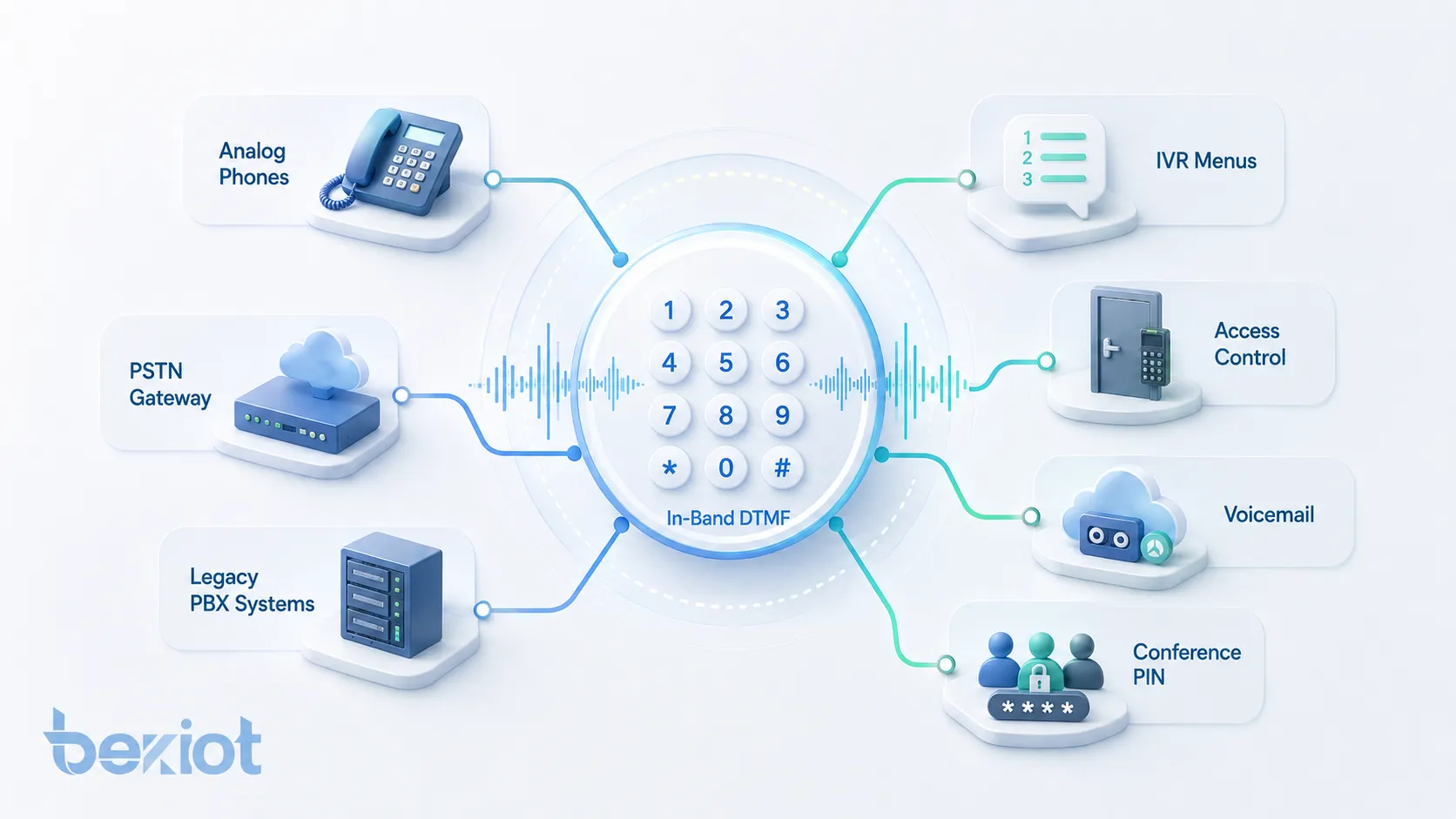 Como o DTMF in-band funciona mostrando pressionamento de tecla geração de duplo tom codec de voz transmissão de áudio detecção de tom IVR e reconhecimento de dígitos