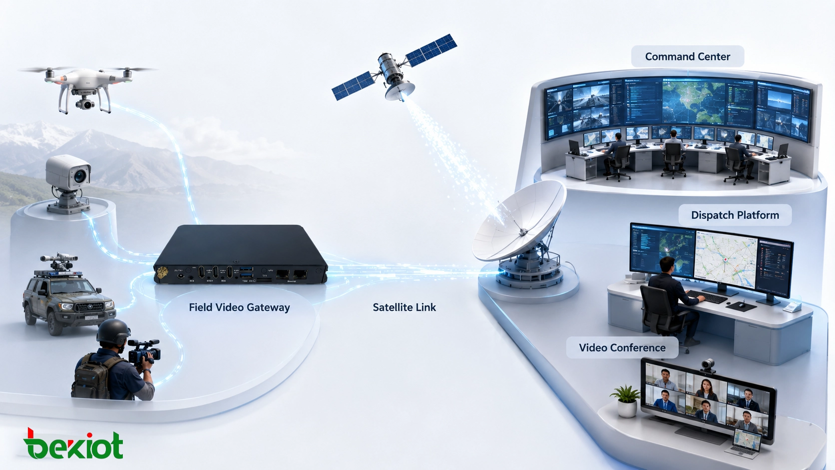 Arquitetura de comunicação emergencial via satélite com gateway de vídeo em campo centro de comando plataforma de despacho e integração de videoconferência