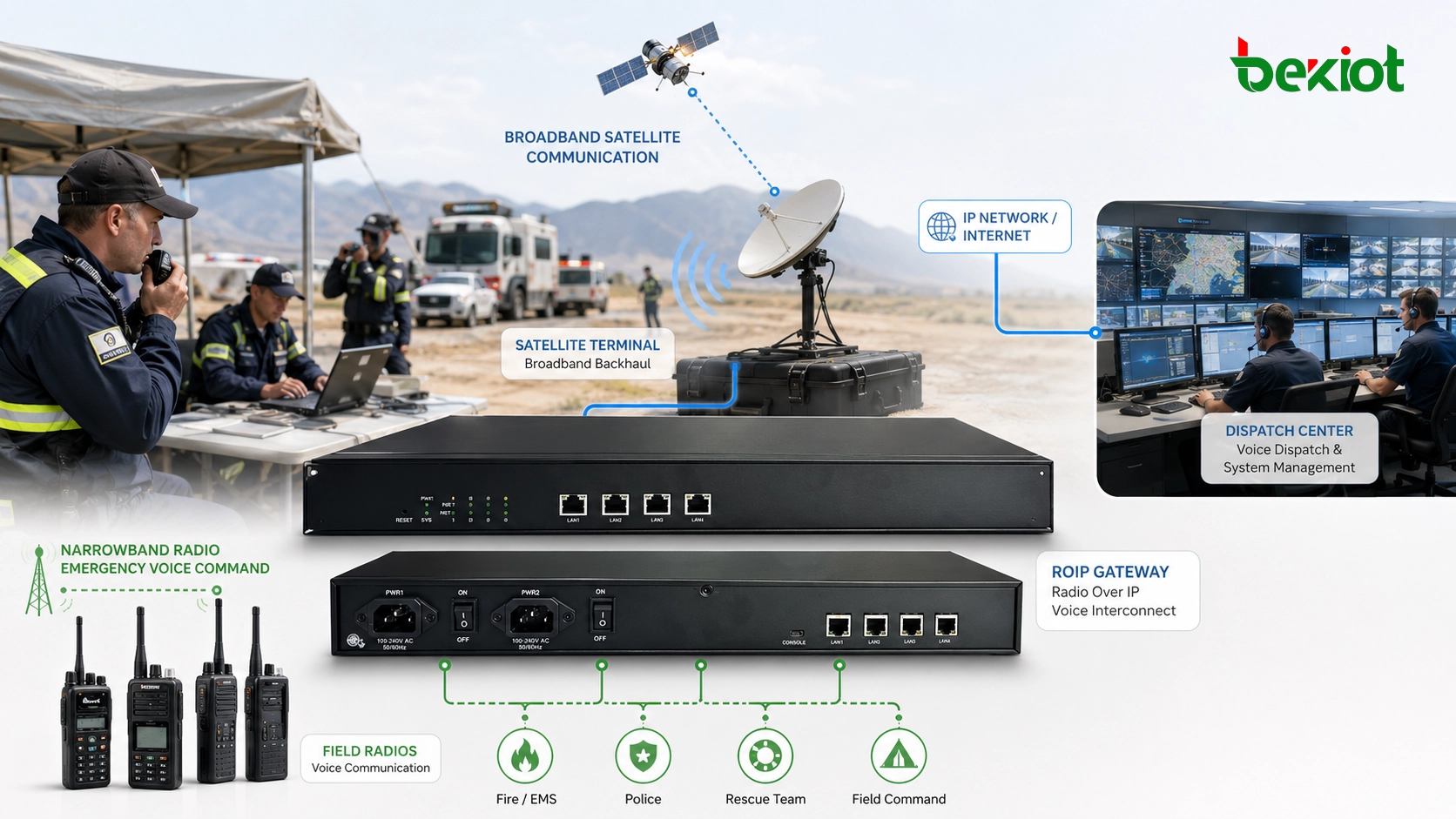 Como a comunicação via satélite de banda larga e os rádios de banda estreita viabilizam o comando de voz de emergência inter-regional
