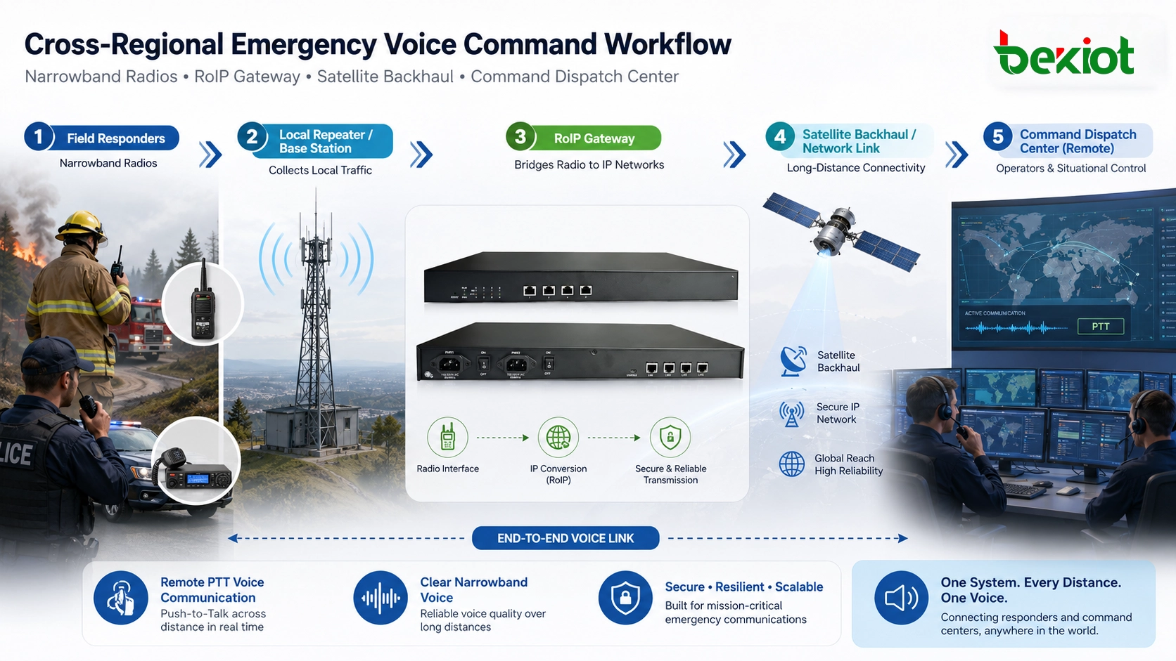 Fluxo de comando de voz de emergência inter-regional com rádios de banda estreita, gateway RoIP, backhaul satelital e centro de despacho