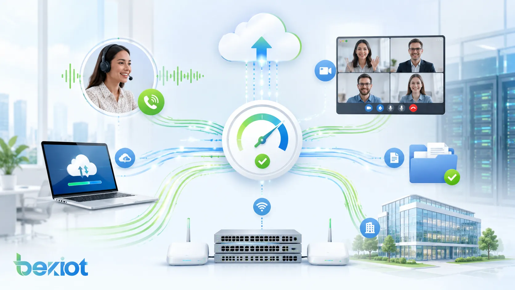 Benefícios da largura de banda mostrando VoIP fluido reuniões por vídeo claras acesso rápido à nuvem transferência estável de arquivos e redes empresariais escaláveis