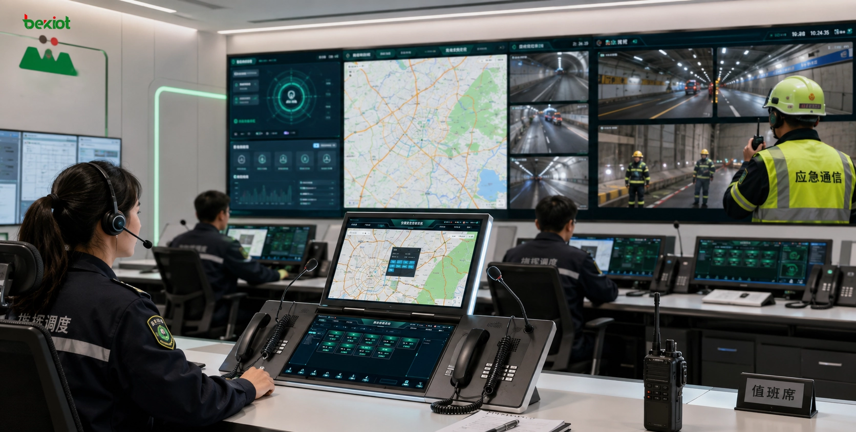 Console de despacho em veículo de comando conectando usuários de rádio de banda estreita em túnel com enlaces 4G 5G rede privada e satélite