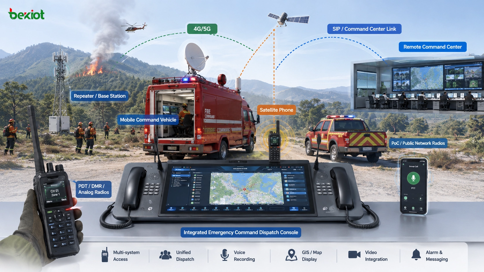 Posto de comando de campo em incêndio florestal usando console integrada de despacho de emergência com rádios repetidores telefones via satélite e veículo de comando móvel