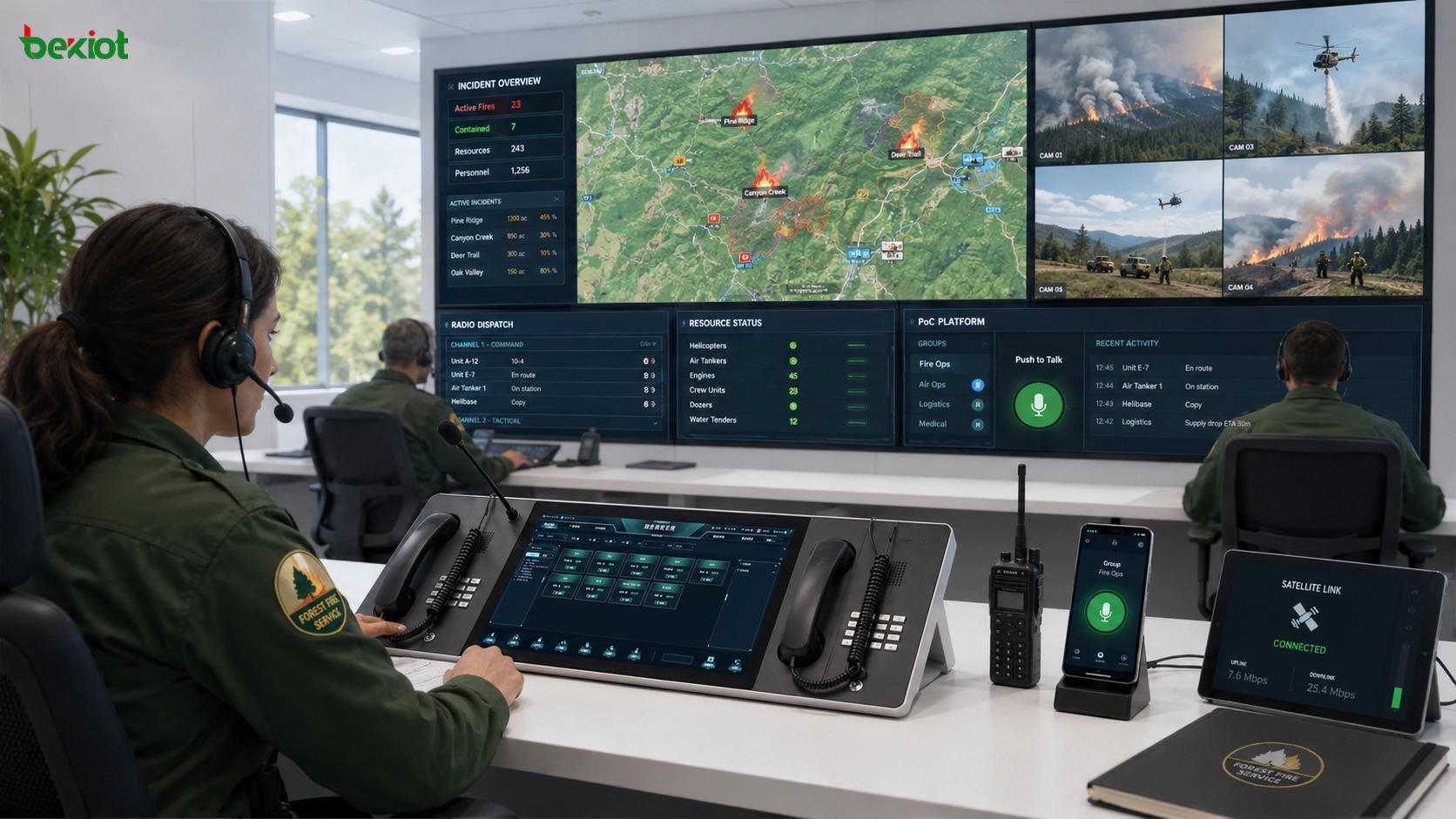 Centro de comando de emergência para incêndio florestal usando console integrada de comando mapa GIS videomonitoramento comunicação por rádio link satelital e plataforma PoC