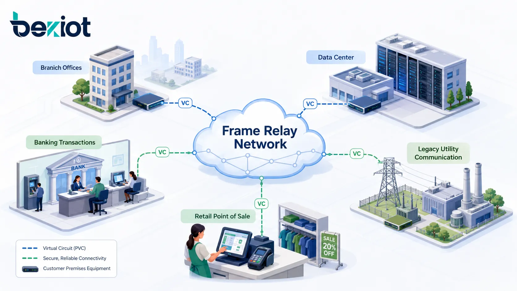 Diagrama de Frame Relay mostrando Frame Relay、data center、filial、legado e a conectividade WAN empresarial