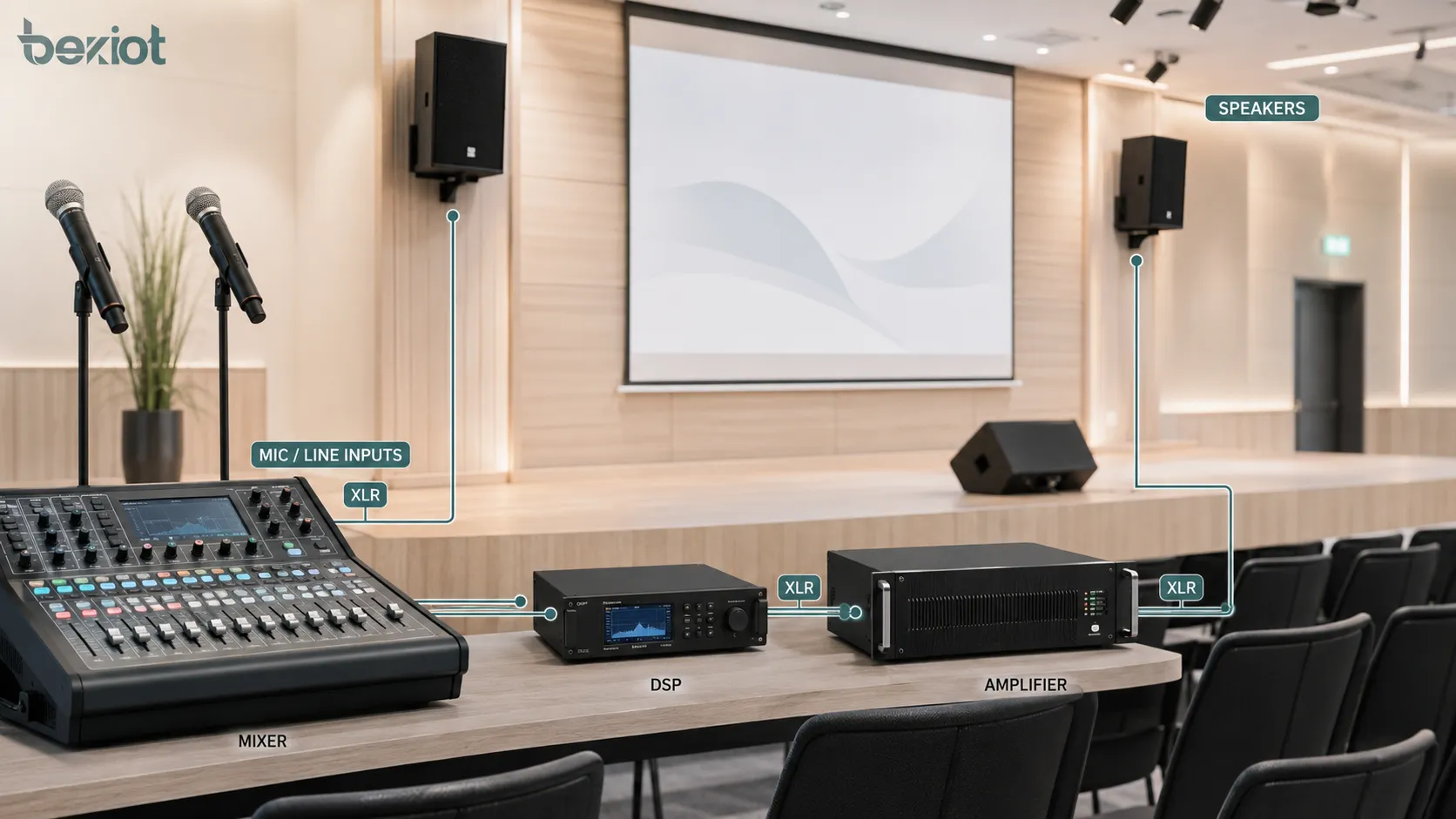 Sistema AV profissional usando conexões de áudio balanceado entre microfones mixer DSP amplificador e alto-falantes