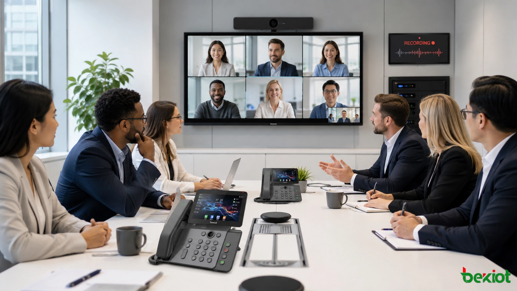 Solução de sala de conferência com telefone SIP empresarial Becke Telcom chamada multiparticipante áudio videoconferência servidor de gravação e usuários de escritório