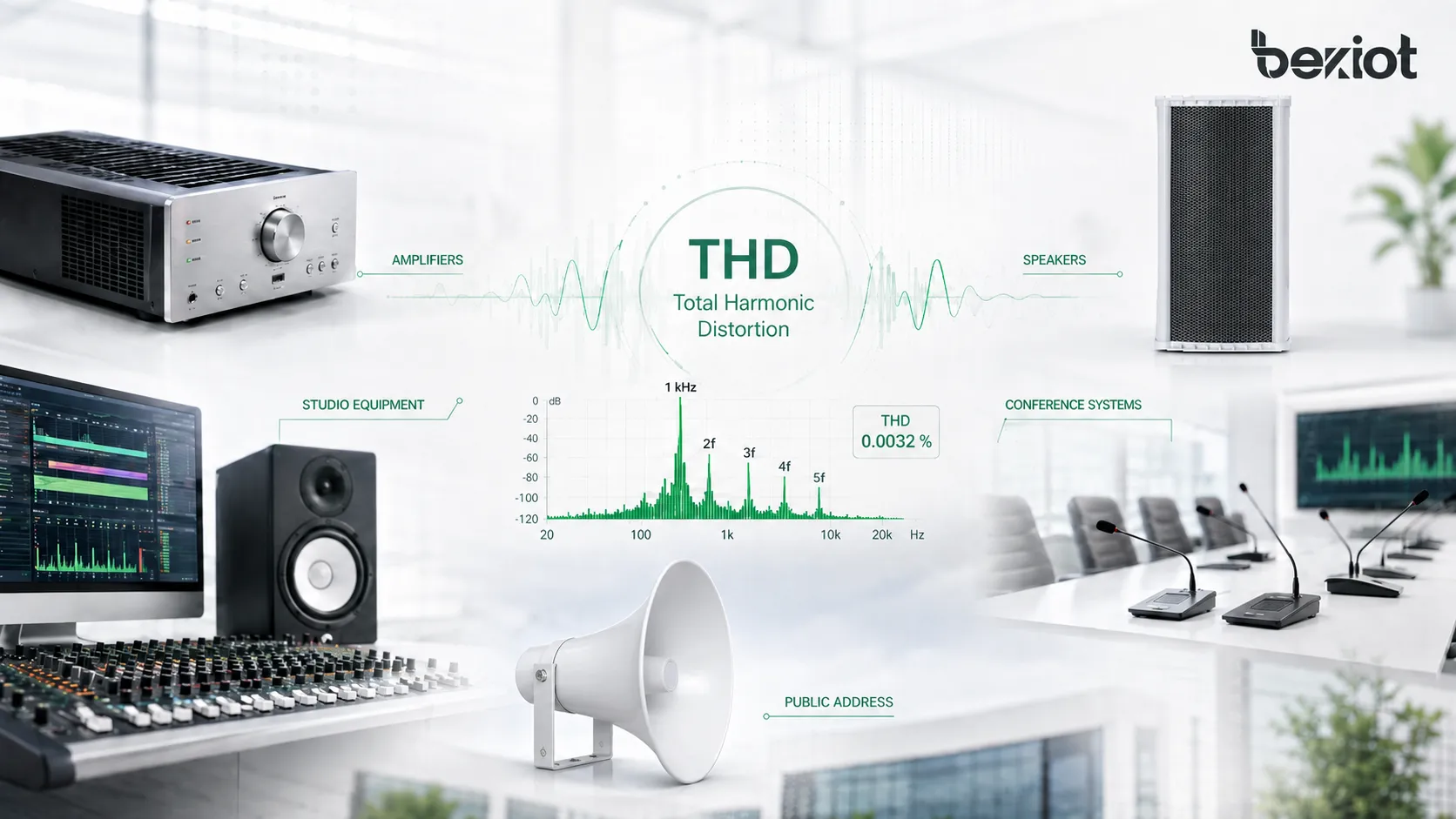 Aplicações da Distorção Harmônica Total THD em amplificadores, alto-falantes, equipamentos de estúdio, sistemas de conferência e áudio de sonorização
