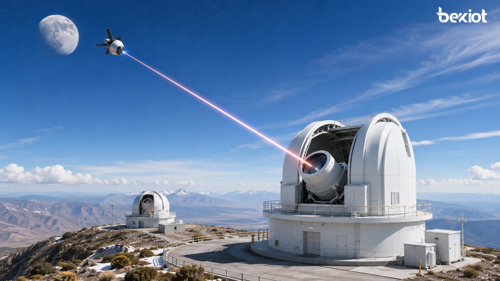 Estações ópticas terrestres recebendo sinais laser da Orion durante uma missão lunar