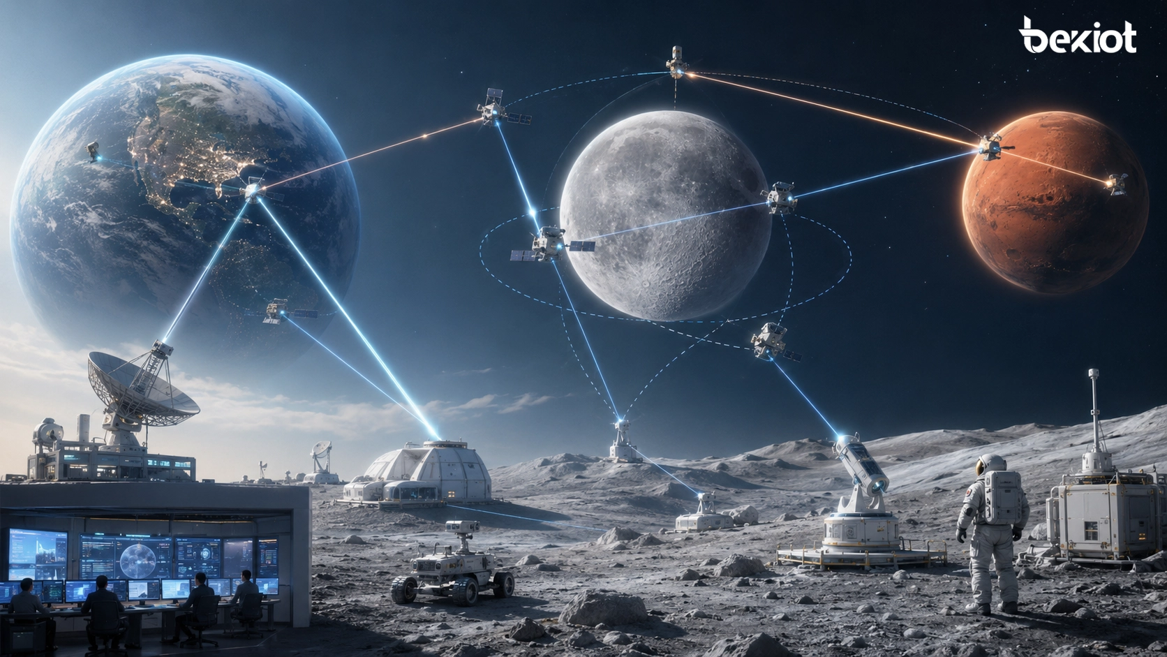 Rede óptica conceitual da Lua a Marte conectando espaçonaves ativos lunares estações terrestres e controle de missão