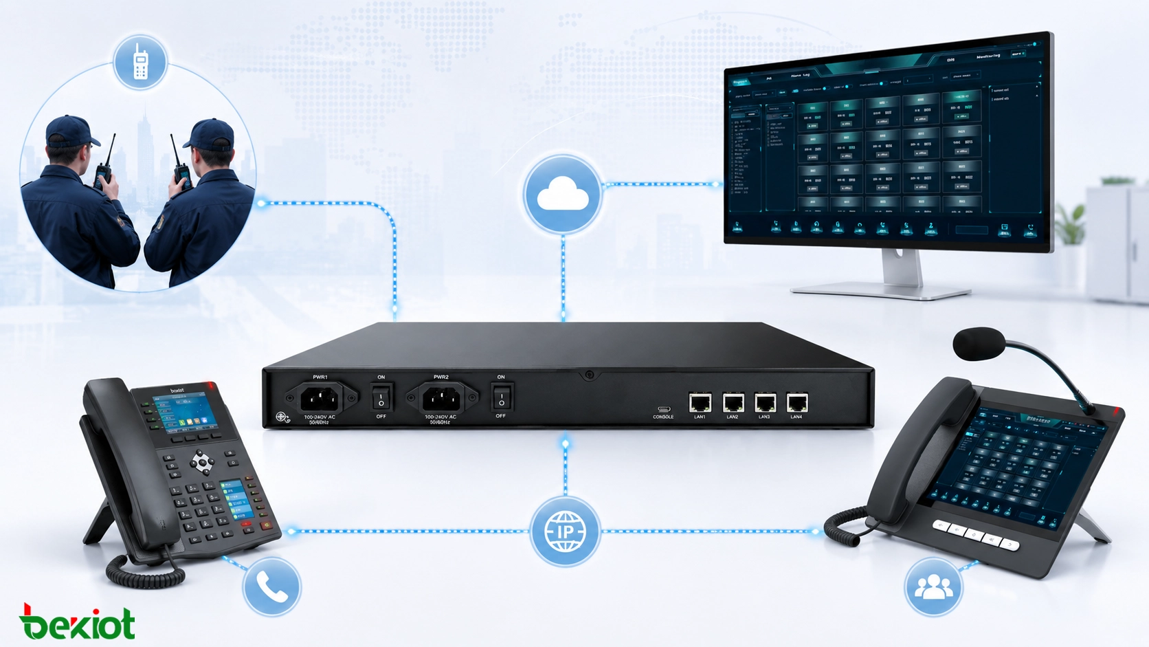 Gateway RoIP conectando walkie-talkies com plataforma de despacho SIP telefones IP e sistema de comunicação de centro de comando