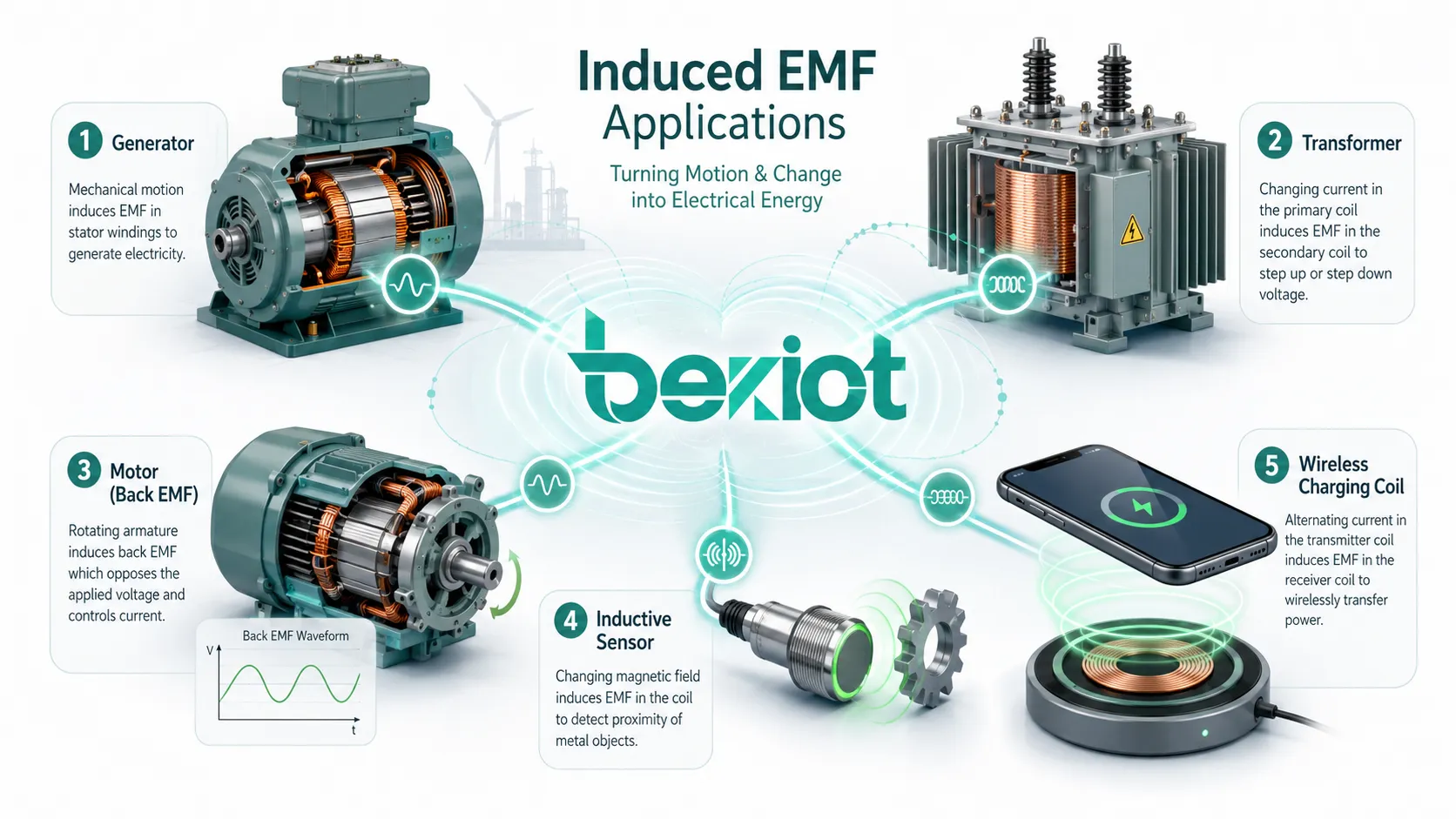 Aplicações da FEM induzida mostrando gerador, transformador, motor com FCEM, sensor indutivo e bobina de carregamento sem fio