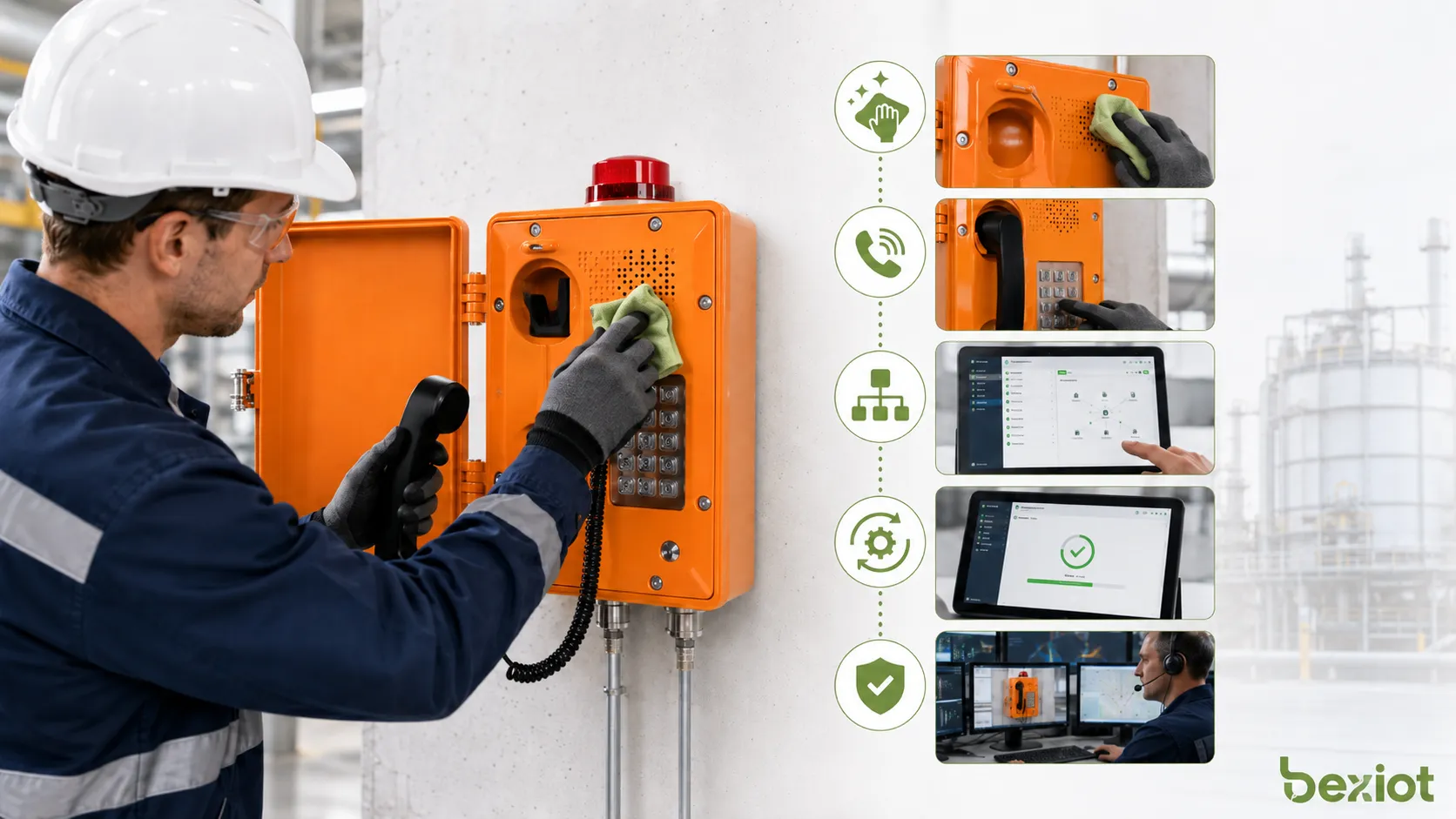 Lista de verificação de manutenção do viva-voz mostrando limpeza de grades, chamadas de teste, configuração de rede, atualização de firmware e verificação de chamadas de emergência