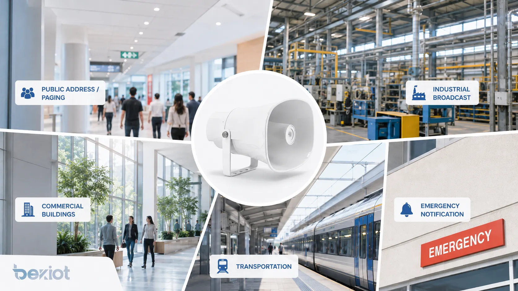 Aplicações da potência de saída do alto-falante em sonorização, chamada, difusão industrial, edifícios comerciais, transporte e sistemas de notificação de emergência