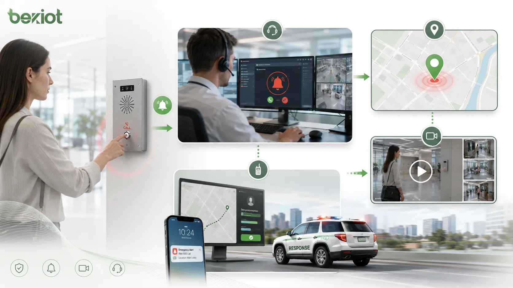 Fluxo de trabalho do sistema de botão de alarme mostrando o acionamento do botão de emergência, alerta na central de controle, identificação de localização, vinculação de vídeo e despacho de resposta