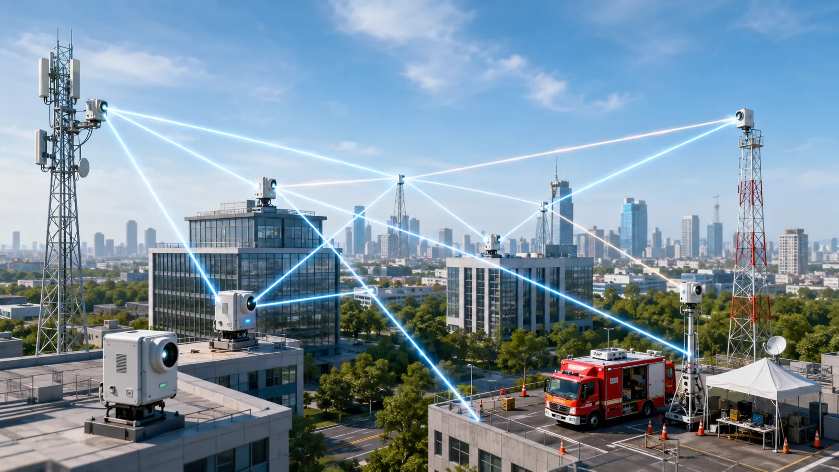 Rede mesh óptica sem fio conectando estações-base 5G edifícios corporativos e sites de comunicação de emergência