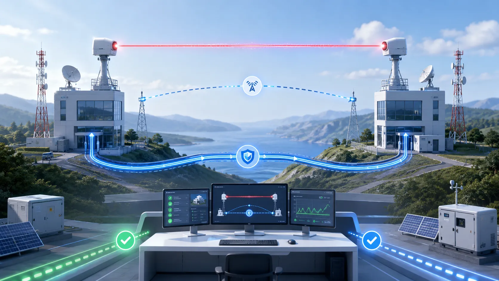 Arquitetura resiliente de comunicação a laser com caminhos ópticos sem fio fibra e rádio para failover
