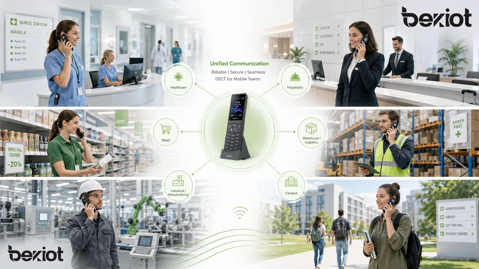 Aplicações corporativas DECT em ambientes de comunicação de saúde, hotelaria, varejo, armazém, industrial e campus
