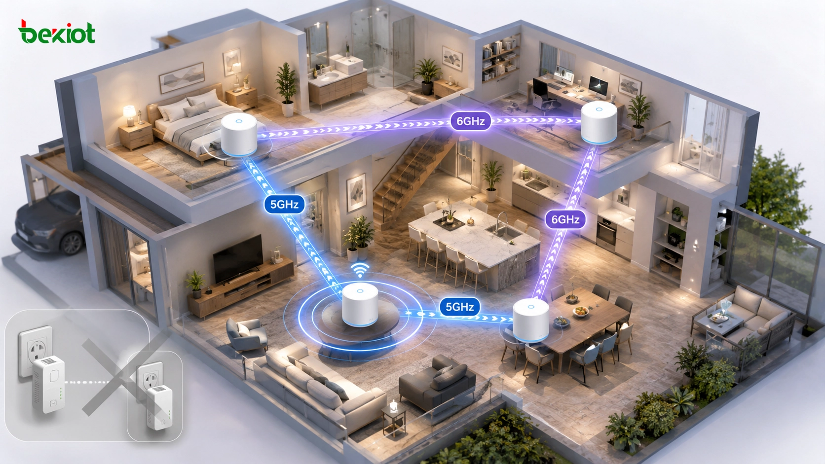 Rede Wi-Fi Mesh substituindo adaptadores powerline para cobertura em toda a casa com backhaul sem fio de 5GHz e 6GHz