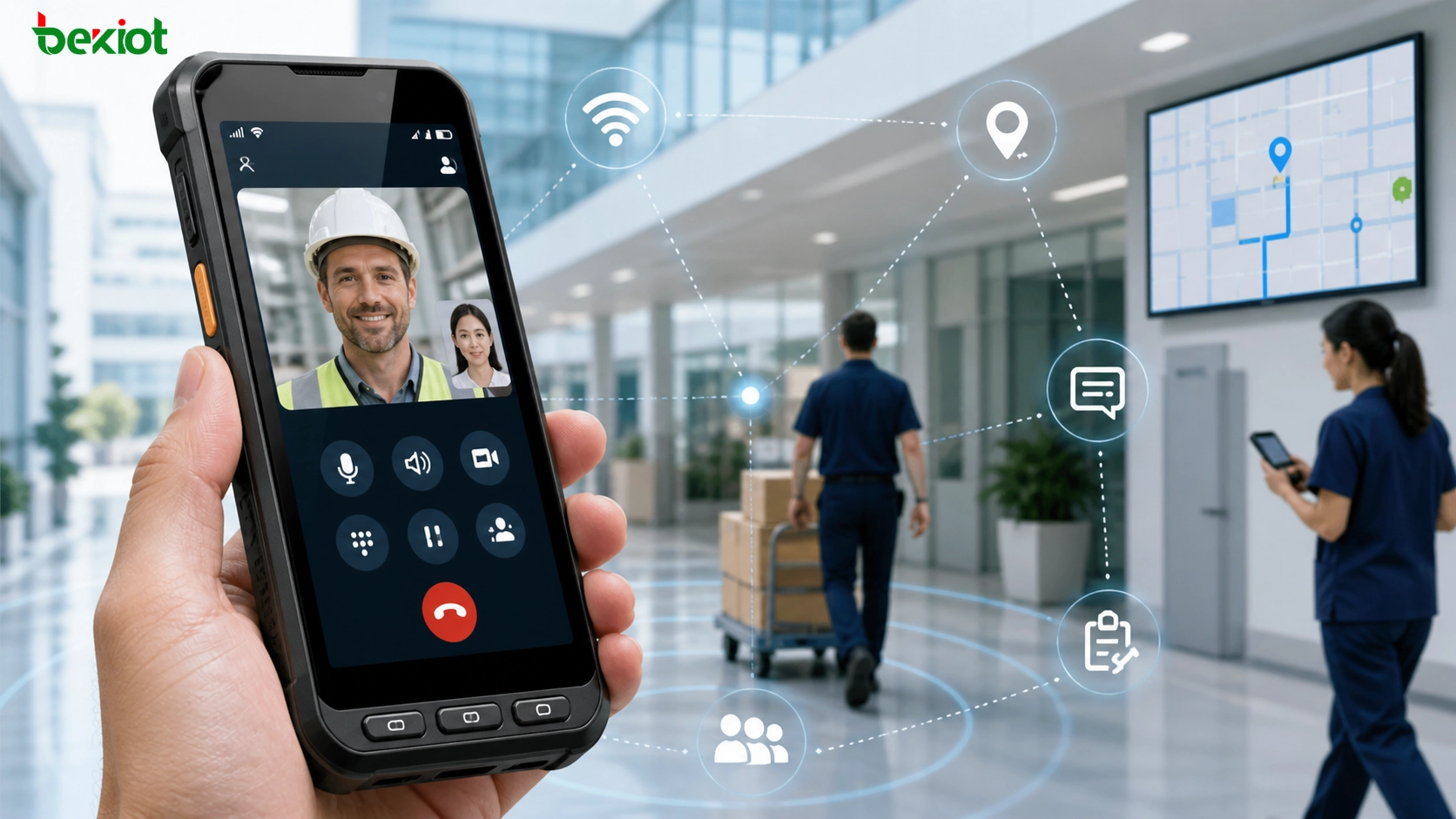Terminal Android inteligente executando aplicativo softphone SIP para voz Wi‑Fi vídeo posicionamento e comunicação móvel empresarial