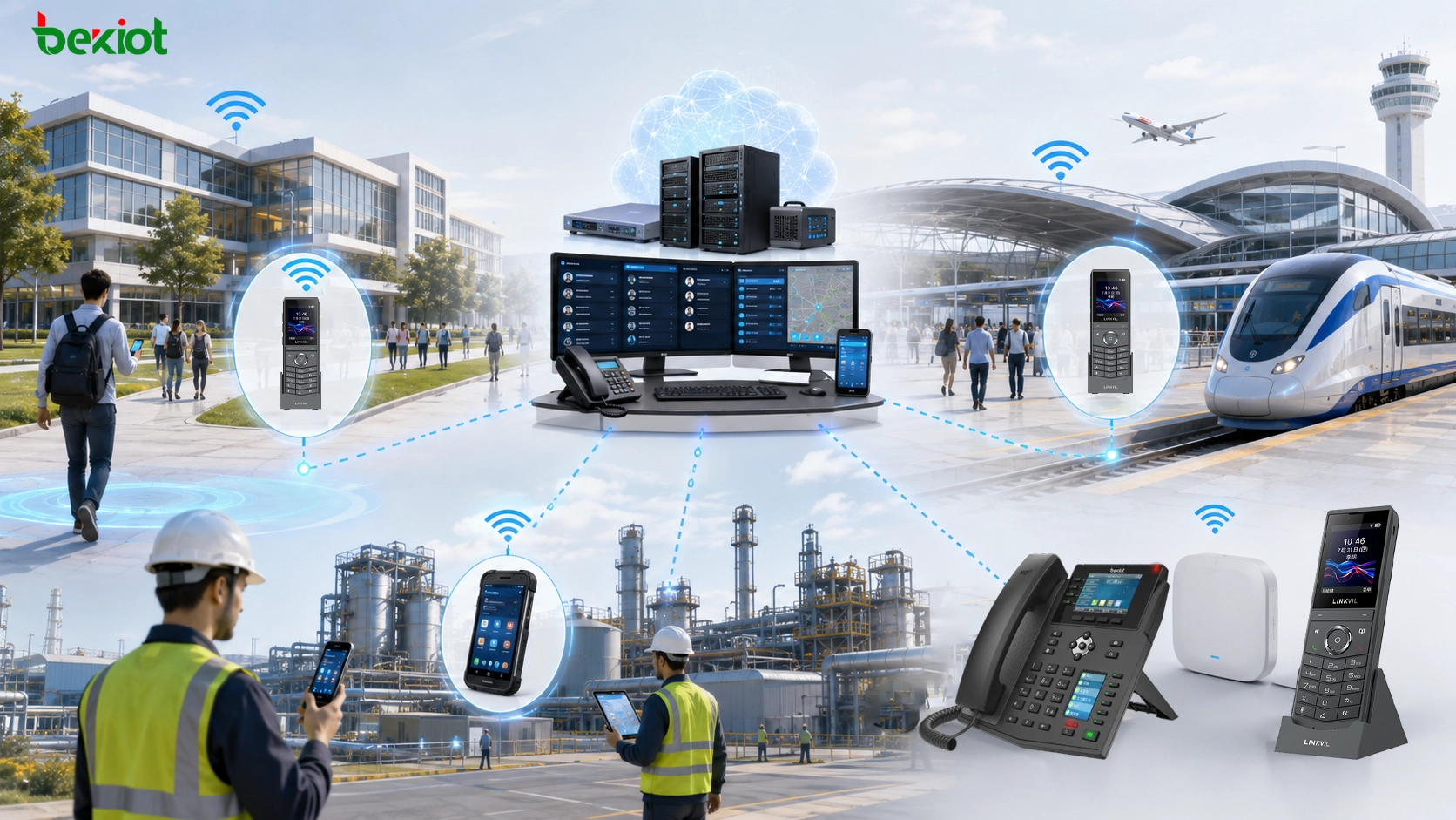 Implantação de telefone Wi‑Fi para campus hub de transporte e comunicação industrial com SIP PBX despacho e terminais móveis