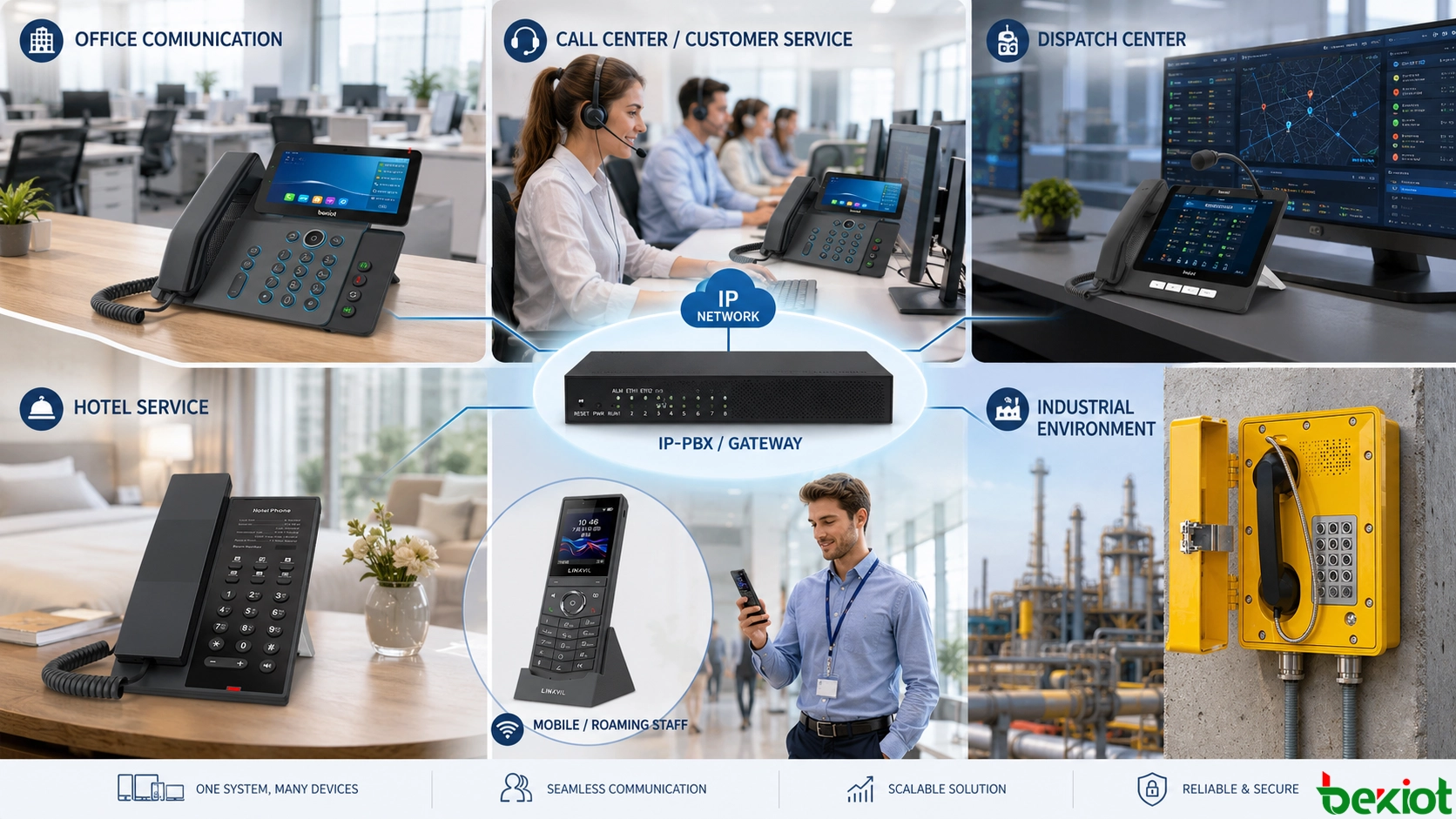 Implantação de telefones IP para escritório, hotel, call center, centro de despacho e ambientes industriais agressivos
