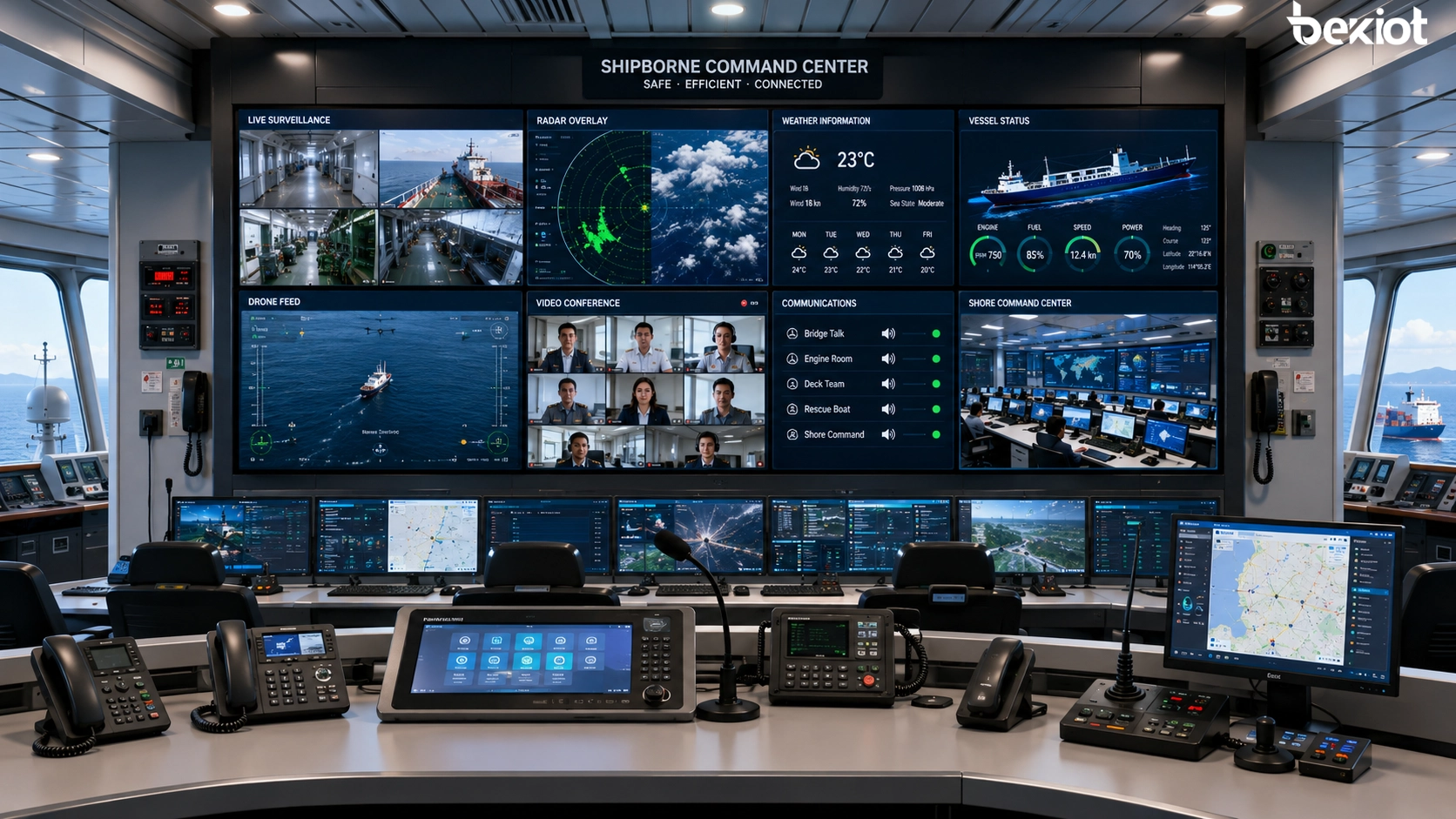 Centro de comando audiovisual embarcado conectando sala de controle da embarcação, comunicação SIP, câmeras de vigilância, dados de radar, informações meteorológicas, drones, telefone via satélite, sistema de rádio e centro de comando em terra