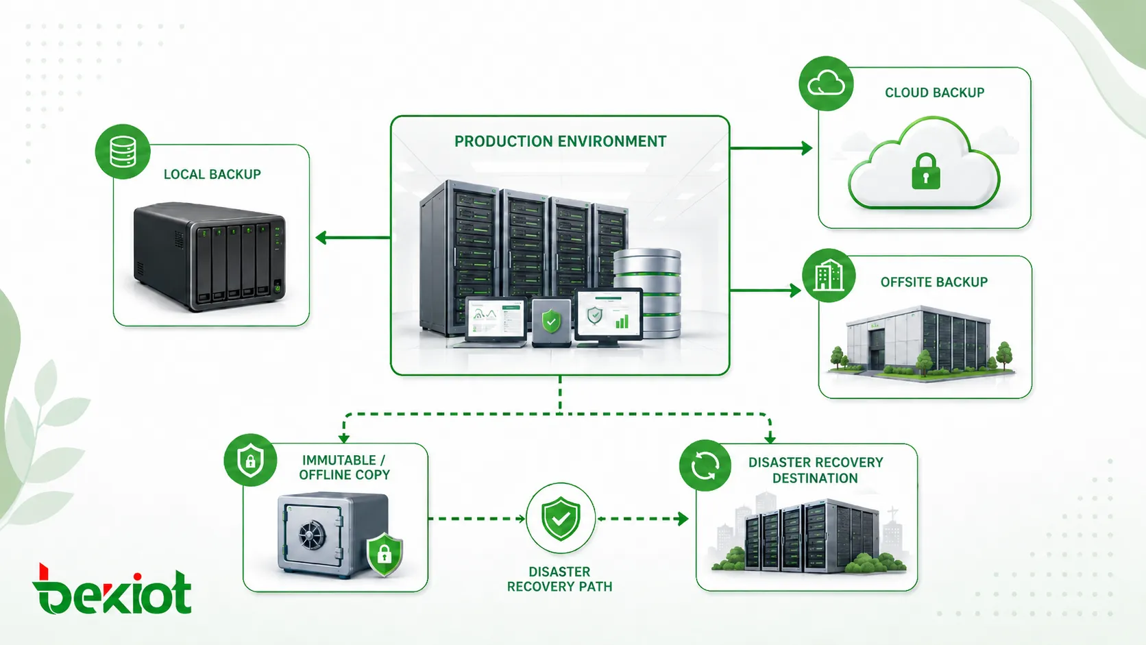 Arquitetura de backup de dados mostrando backup local backup em nuvem armazenamento externo cópia imutável e caminho de recuperação de desastres