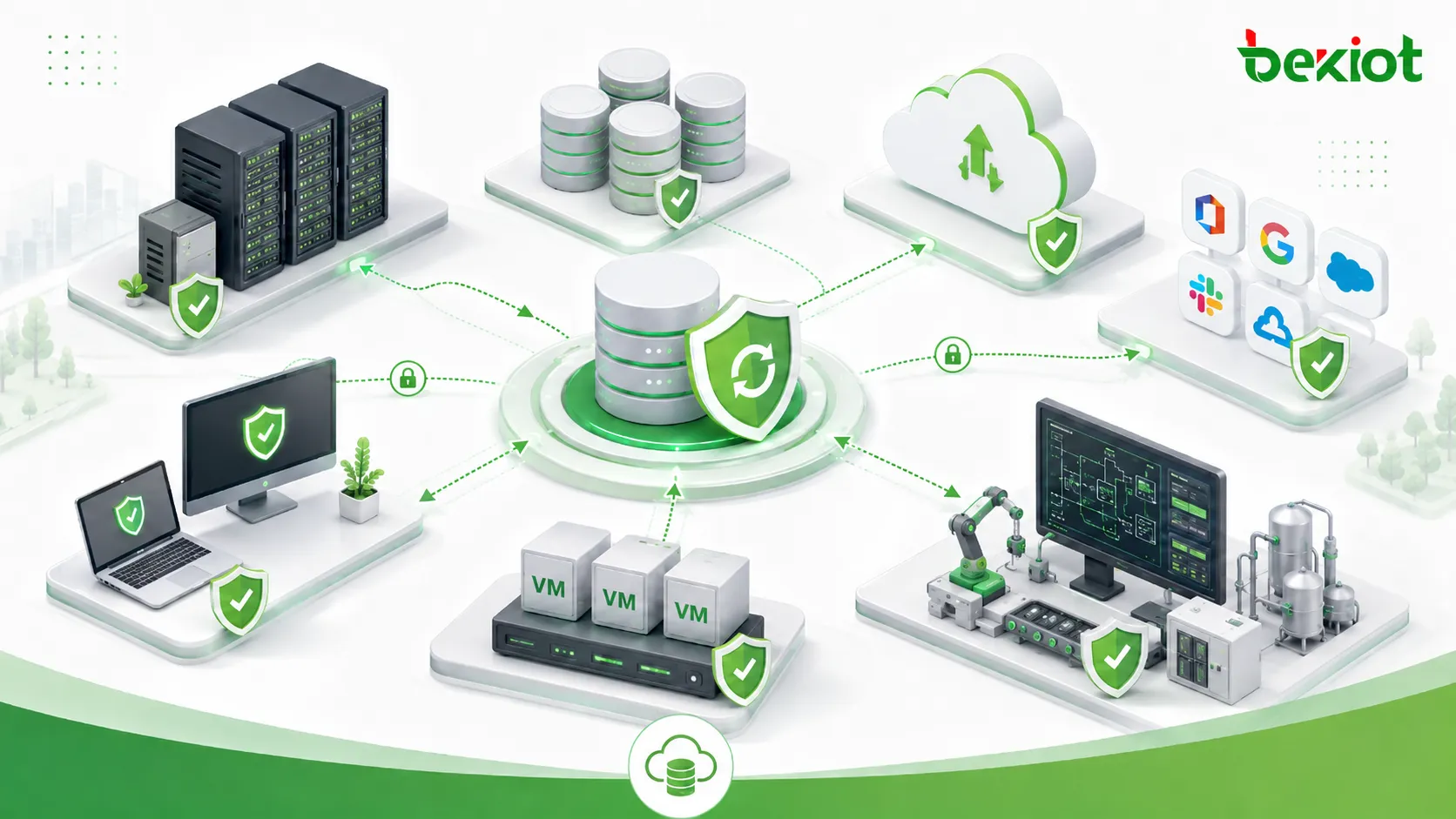 Aplicações de backup de dados para servidores empresariais bancos de dados endpoints plataformas cloud e SaaS máquinas virtuais e sistemas industriais