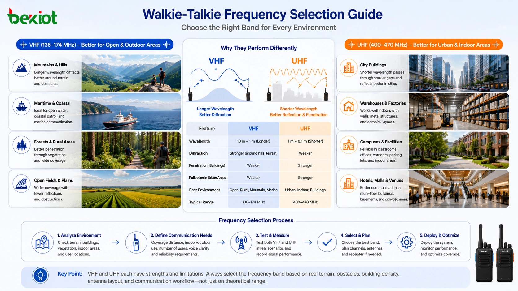 Guia de seleção de frequência de walkie-talkie comparando VHF e UHF para edifícios urbanos, campos abertos, florestas, montanhas, armazéns e comunicação marítima