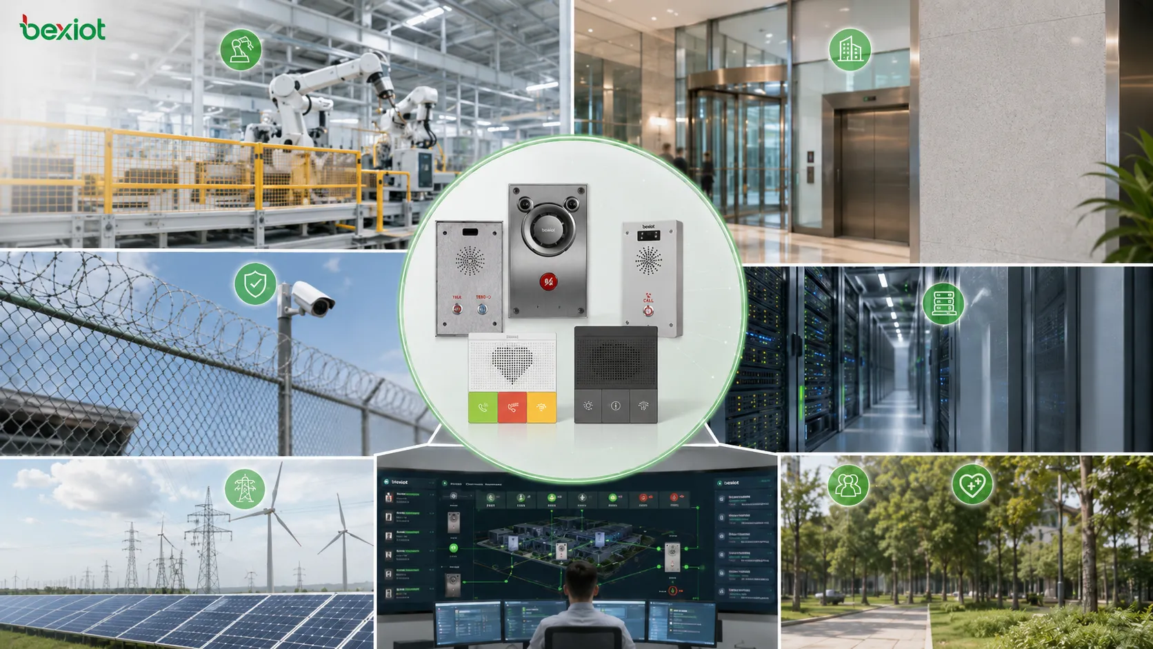 Aplicações de alarme de falha em automação industrial, gestão predial, sistemas de comunicação, infraestrutura de TI, energia, utilidades e terminais de intercomunicação de emergência