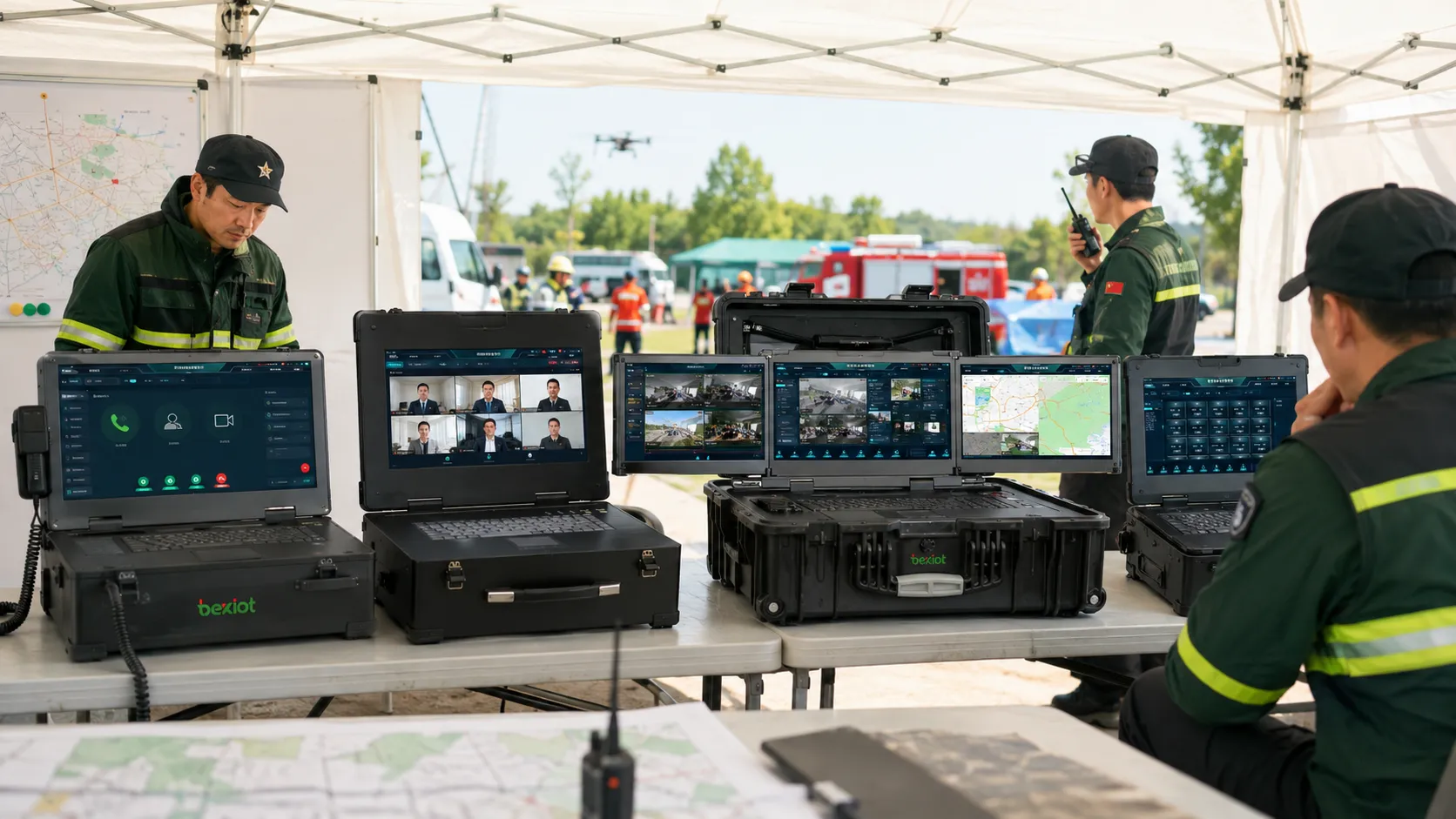 Comparação de caixas de comando de emergência mostrando caixa de comunicações unificadas, terminal de videoconferência, sistema de processamento audiovisual e computador robusto para resposta em campo