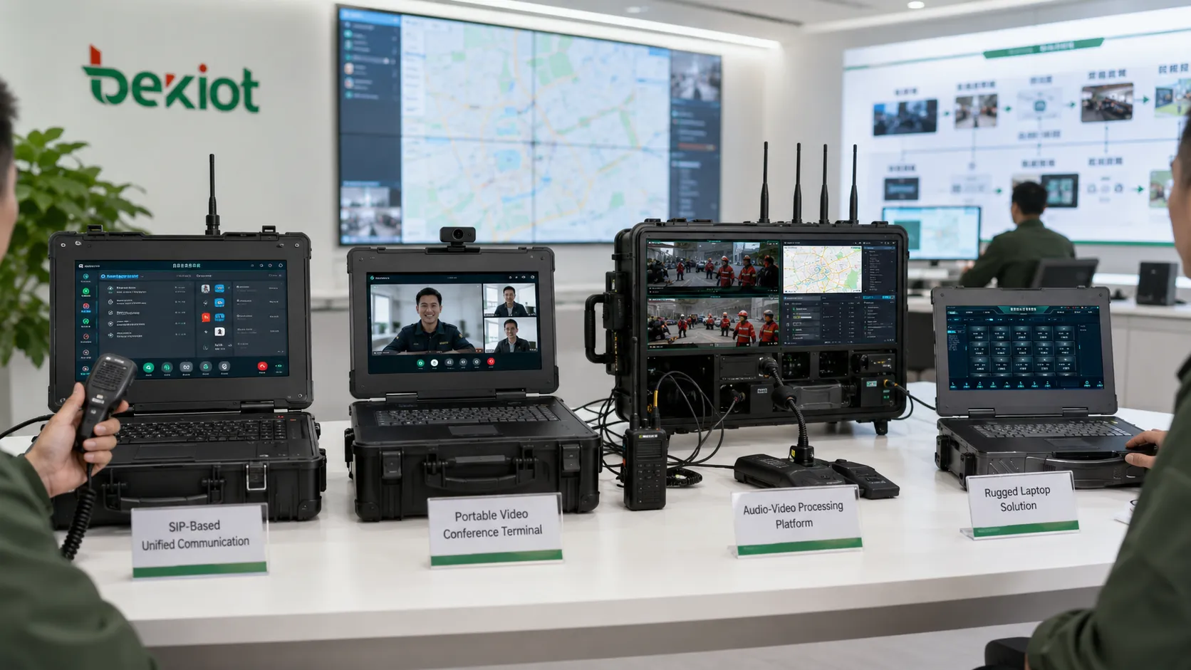 Comparação técnica de arquiteturas de caixas de comando de emergência mostrando comunicação SIP, terminal de videoconferência, plataforma audiovisual e solução com notebook robusto