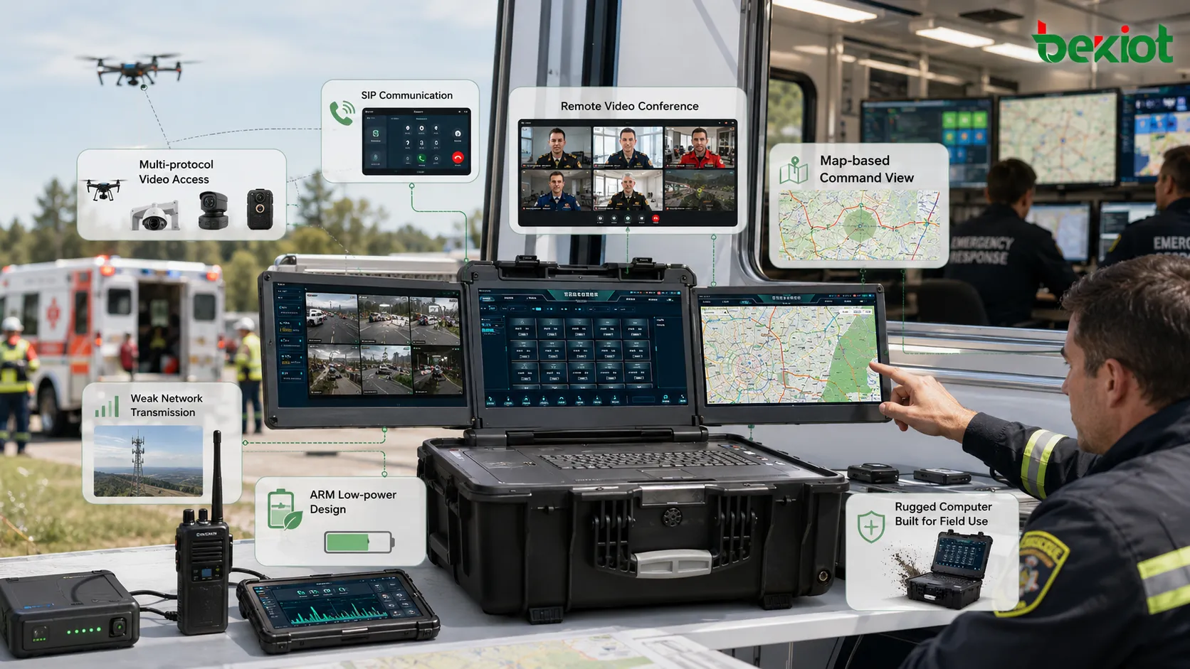 Fluxo de seleção de caixa de comando de emergência comparando requisitos de campo, SIP, videoconferência, processamento multiprotocolo, transmissão em rede fraca, ARM de baixo consumo e uso de computador robusto