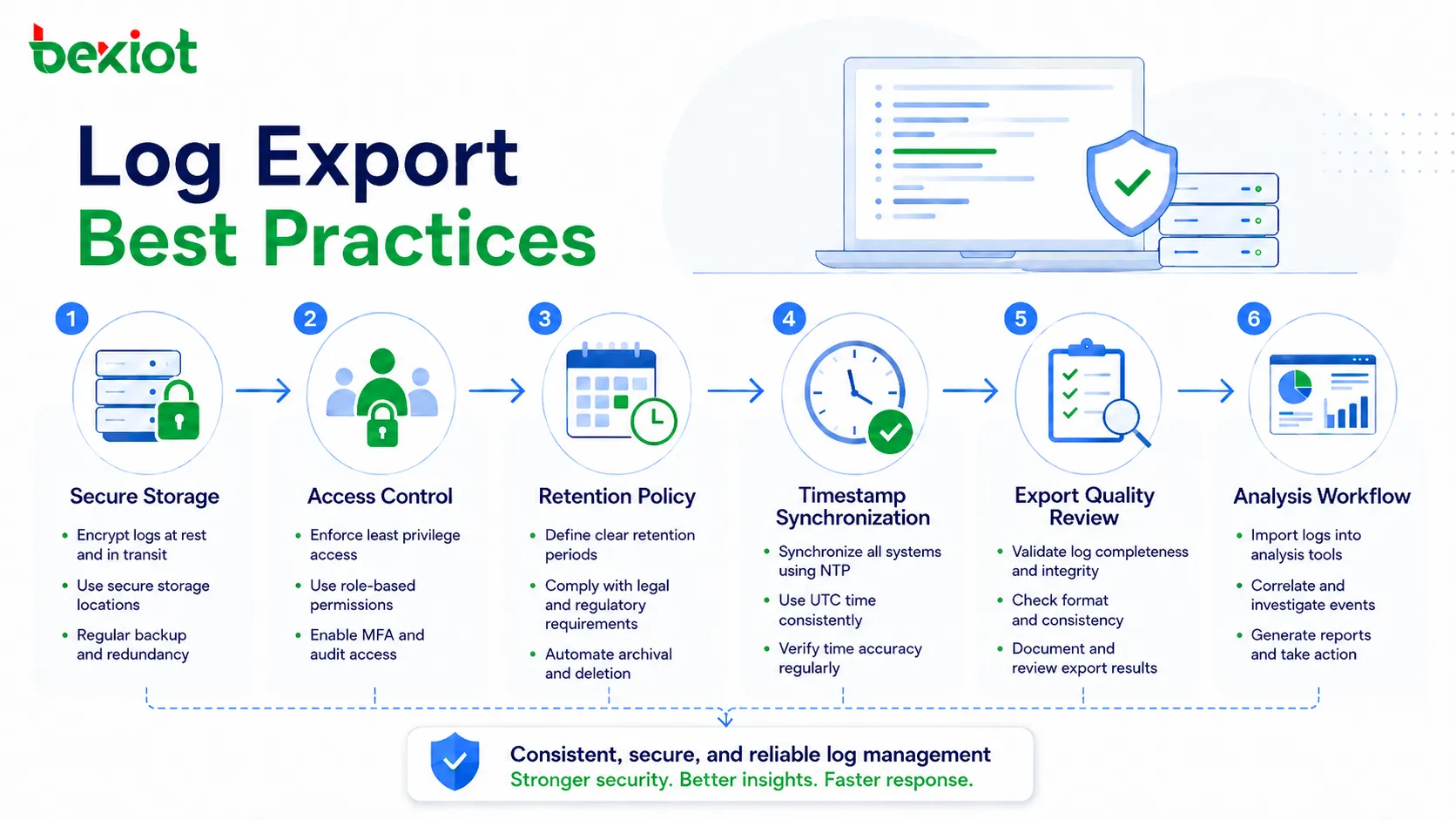 Boas práticas de exportação de logs mostrando armazenamento seguro, controle de acesso, política de retenção, sincronização de timestamps e fluxo de análise
