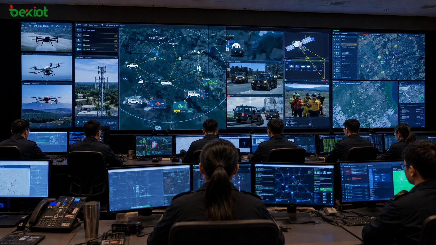 Centro de comando unificado de comunicação de emergência monitorando redes em área de desastre, estações base com drones, links via satélite, veículos e equipes de resgate em campo