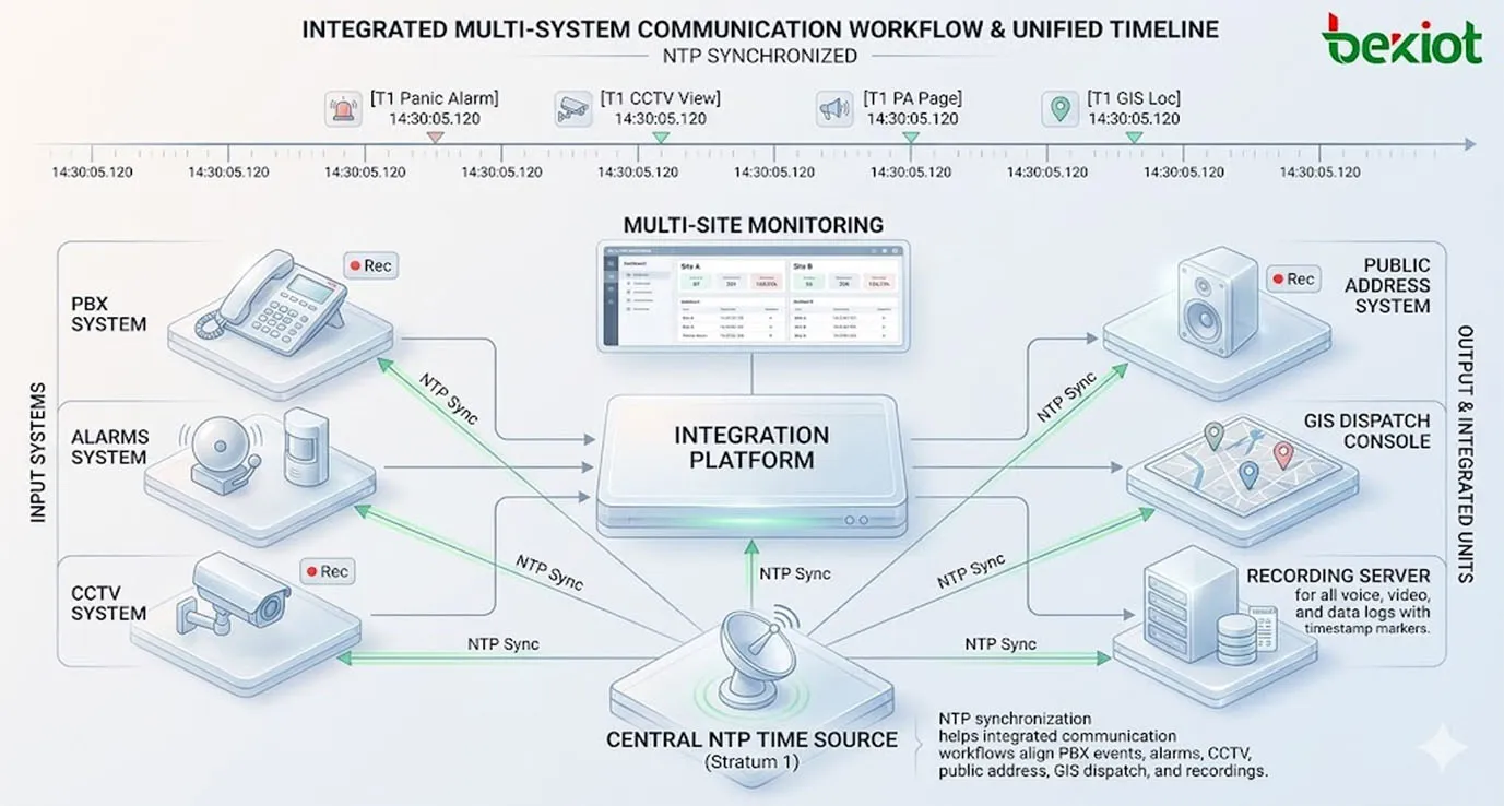 Sincronização NTP em fluxo de trabalho de comunicação multissistema mostrando PBX, alarmes, CCTV, sonorização, despacho GIS, gravação e monitoramento multilocal