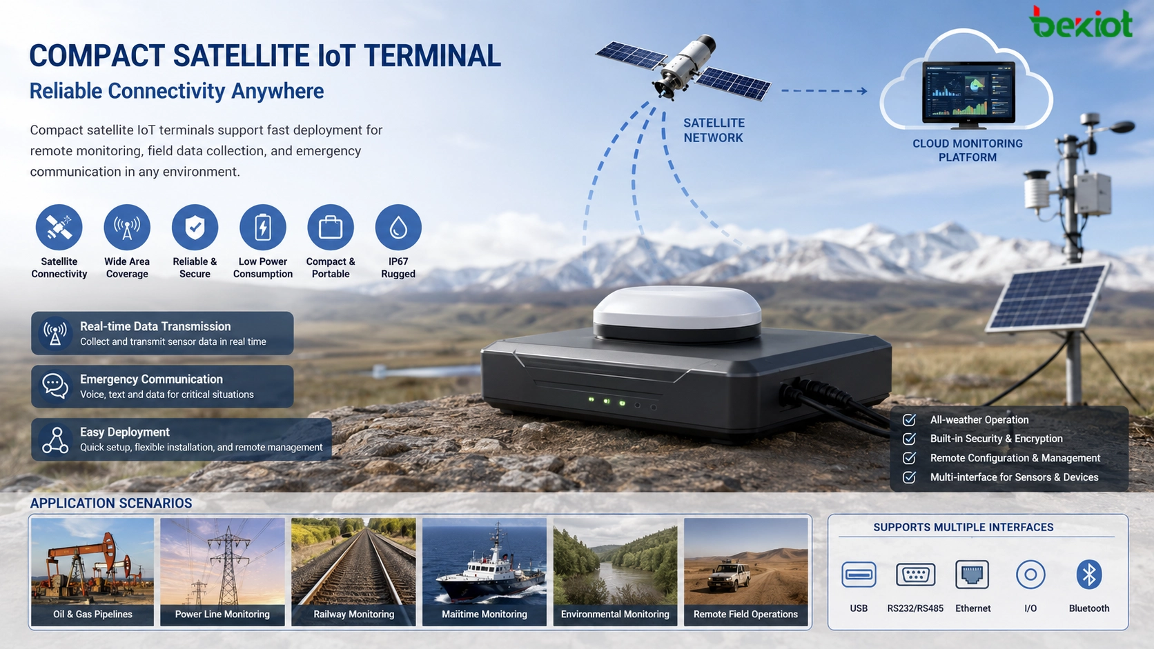 Terminal compacto de IoT via satélite implantado em campo remoto para dados de sensores e comunicação emergencial