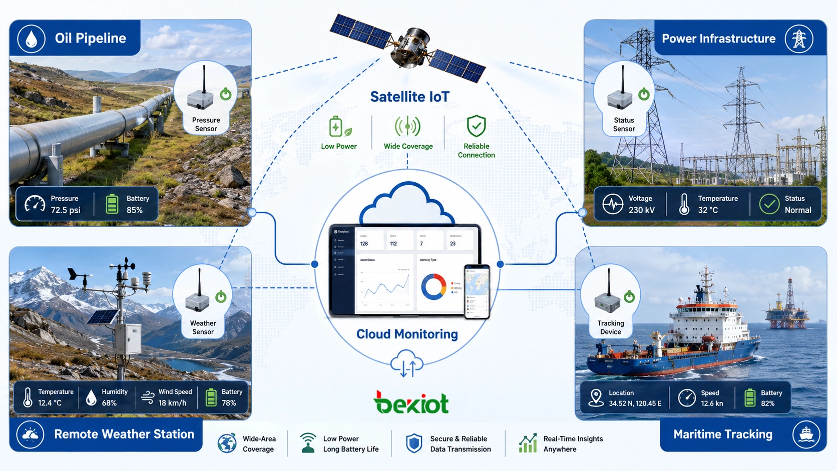 Dispositivos IoT via satélite de baixo consumo monitorando pressão de dutos, torres elétricas, estação meteorológica e ativos marítimos
