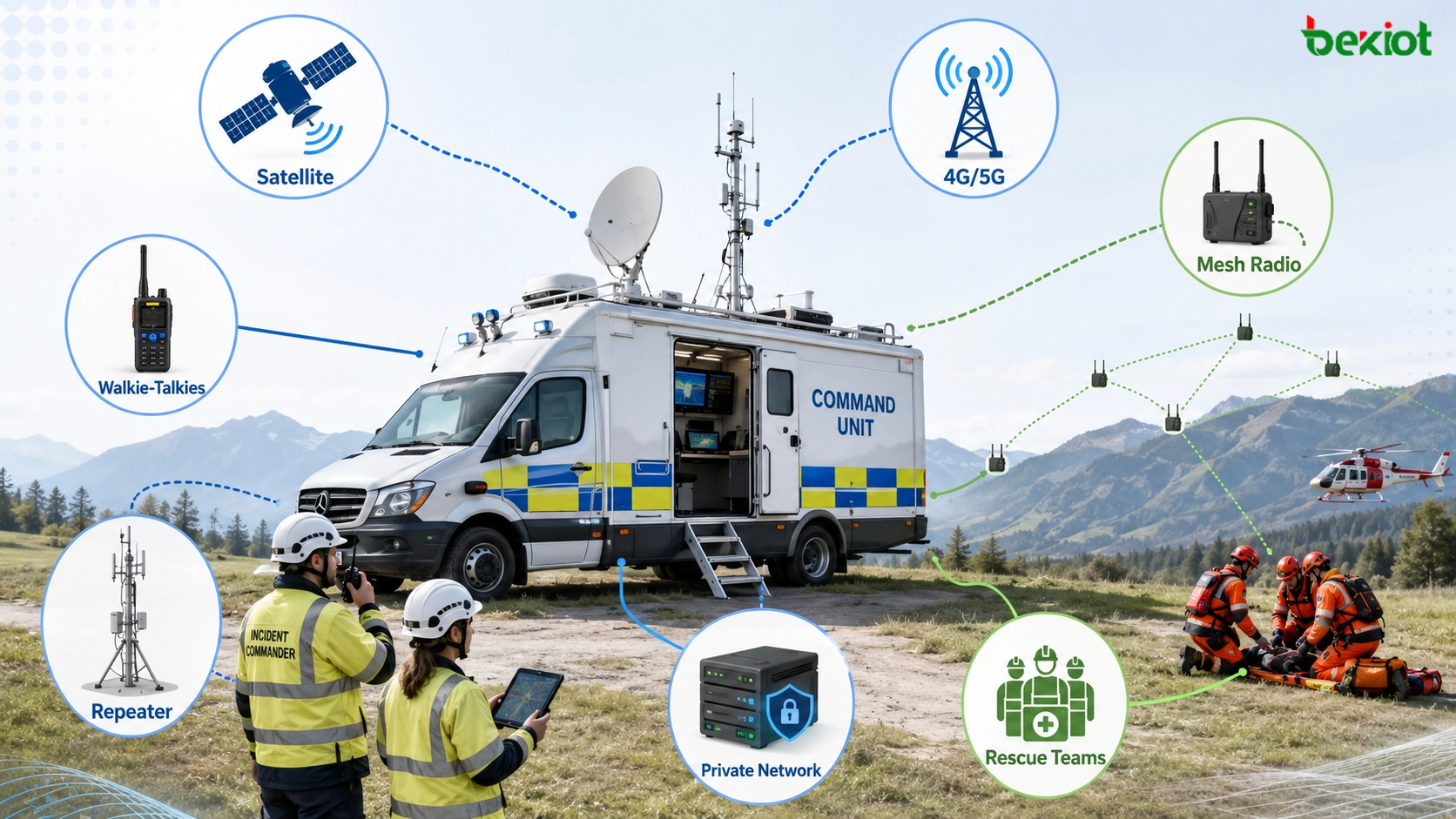 Veículo de comando de emergência conectando link via satélite roteador de bonding 5G rádio mesh de banda larga walkie-talkies e equipes de resgate em campo