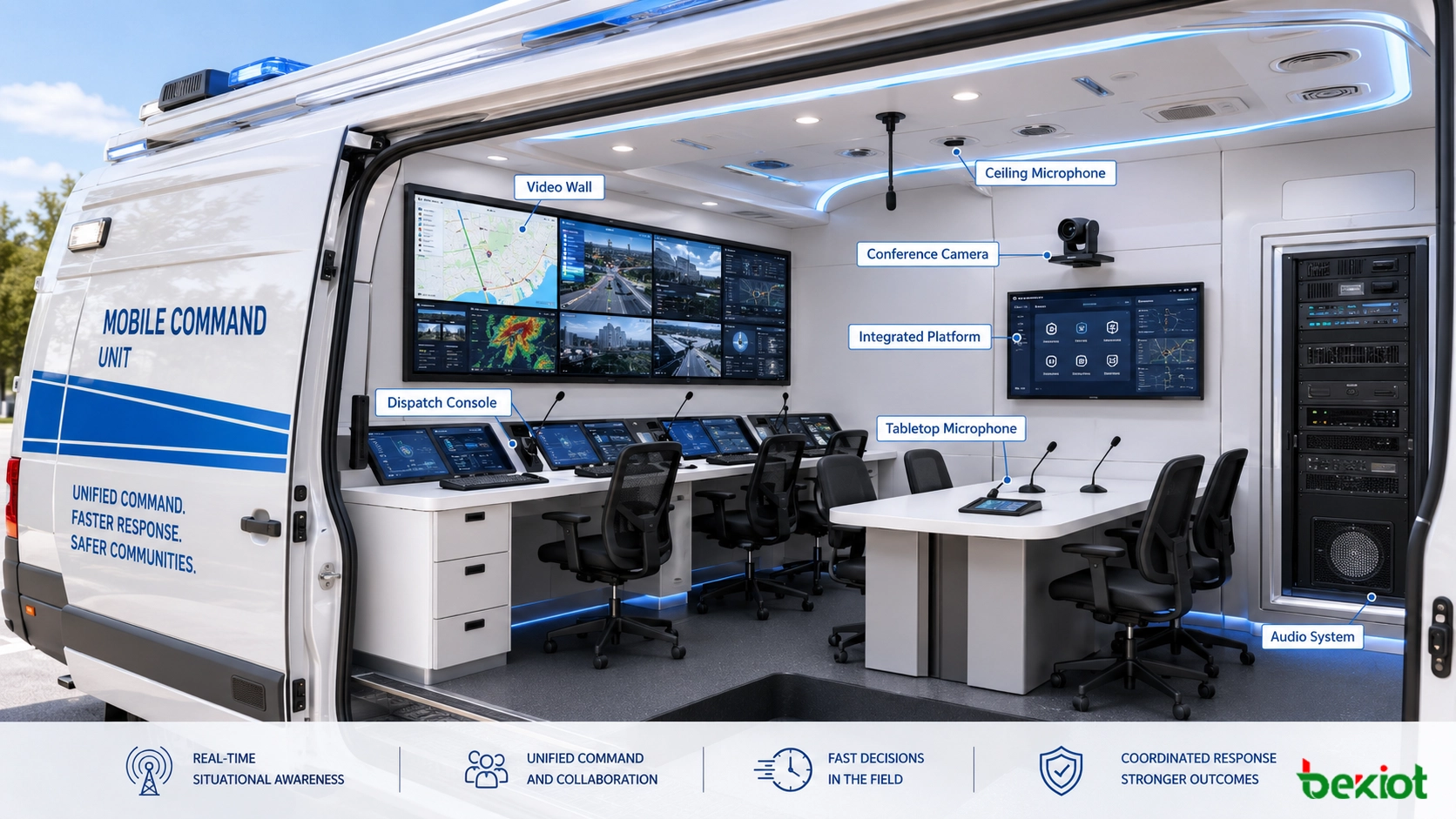 Interior de veículo de comando de emergência com videowall console de despacho câmera de conferência microfone sistema de áudio e plataforma de comando integrada