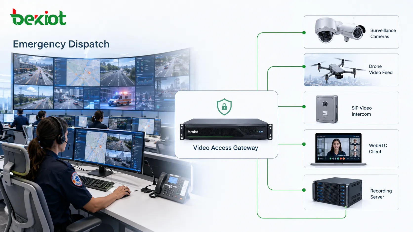 Plataforma de despacho de emergência conectando câmeras, vídeo de drone, intercomunicador SIP, cliente WebRTC e gravação